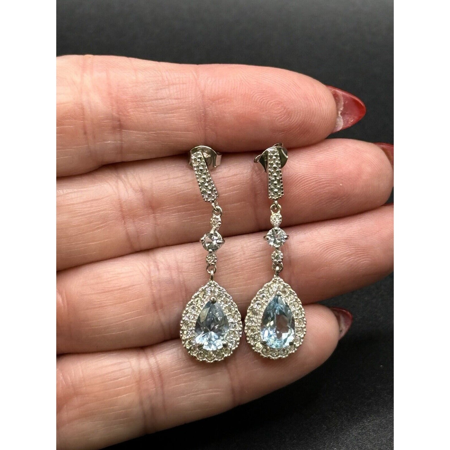 New Condition Sterling Silver Genuine Blue Topaz White Sapphire Dangle Earrings