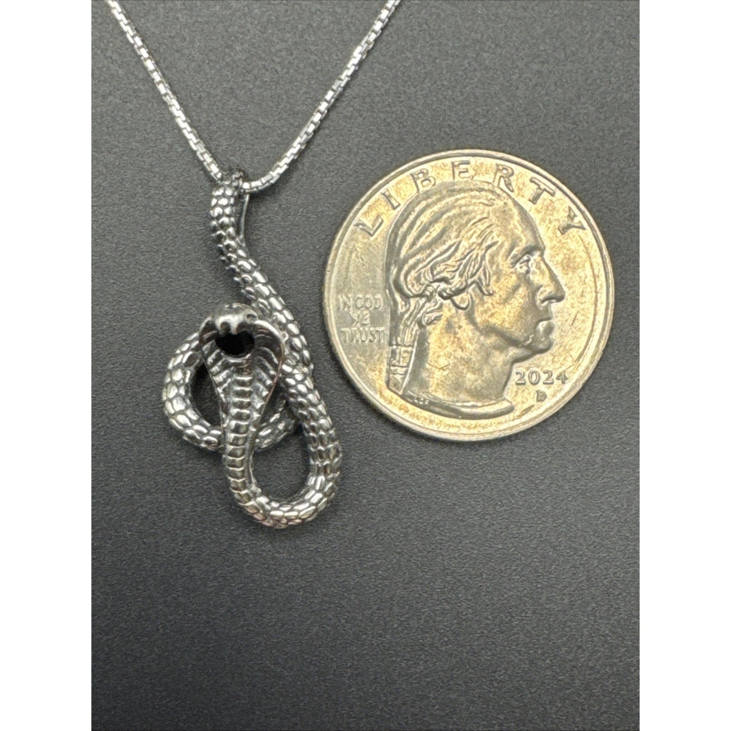 20” New Condition Sterling Silver Onyx King Cobra Snake Pendant Necklace