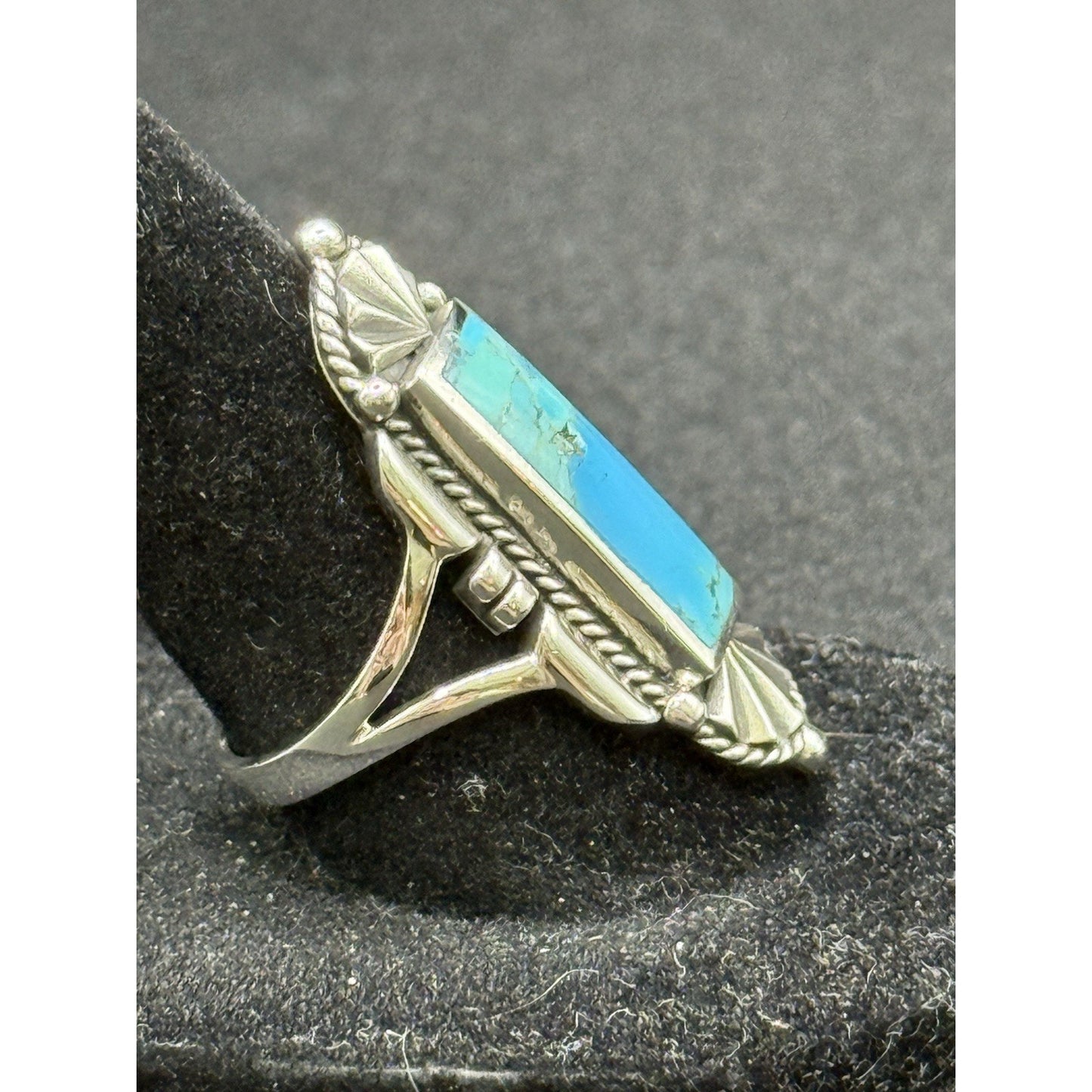 New Condition Sterling Silver Turquoise Art Deco Long Ring Size 8 925