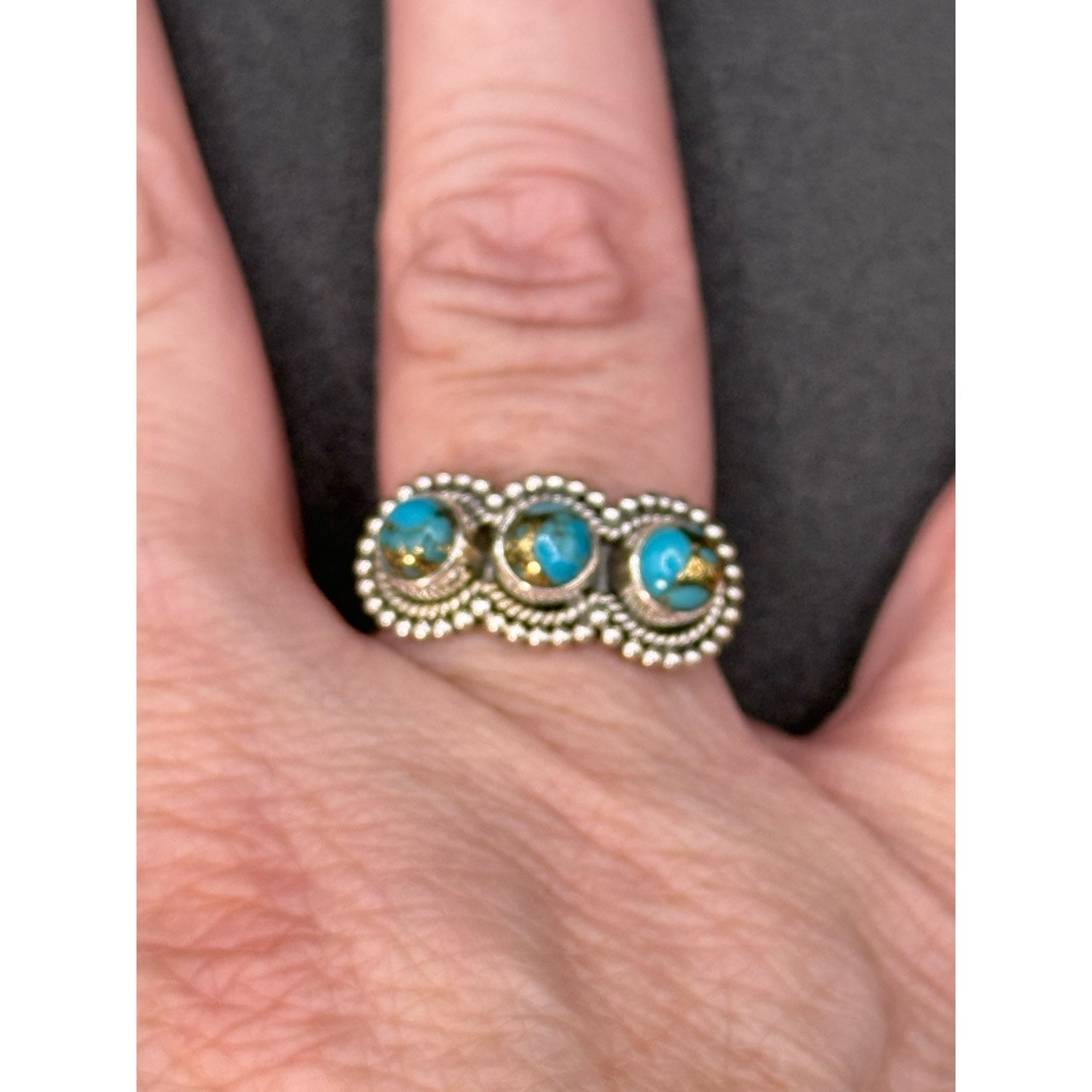 New Condition Sterling Silver Copper Turquoise 3 Stone Ring Size 7.00
