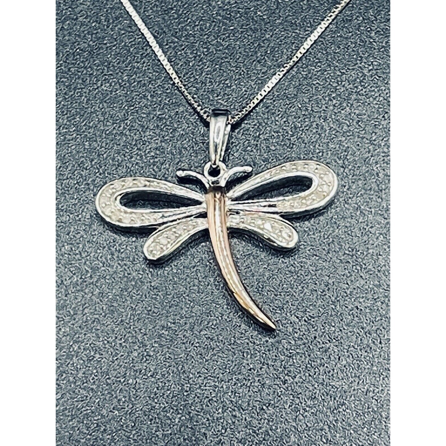 18” New Condition Sterling Silver Rose Accent Genuine 1/10th Diamond Dragonfly