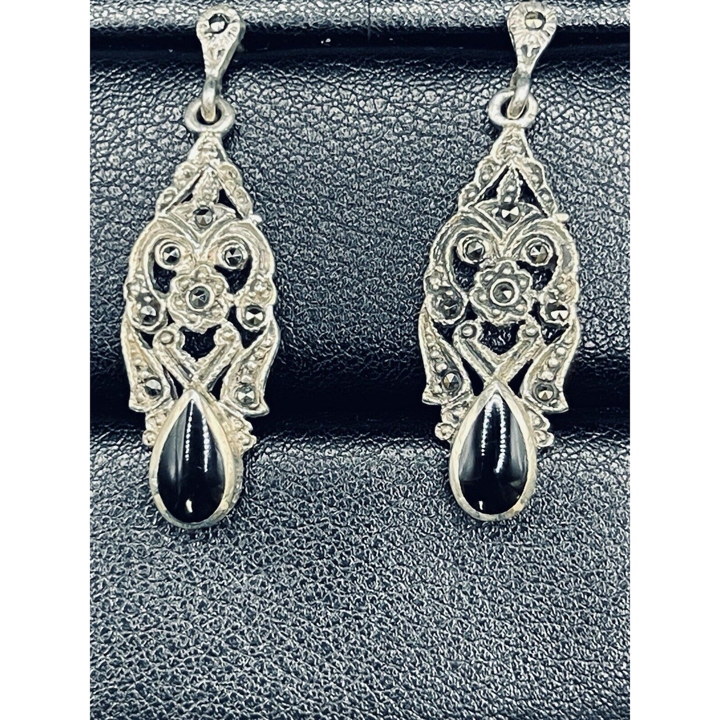 Vintage Sterling Silver Marcasite Black Enamel 925 Scroll Dangle Earrings L16