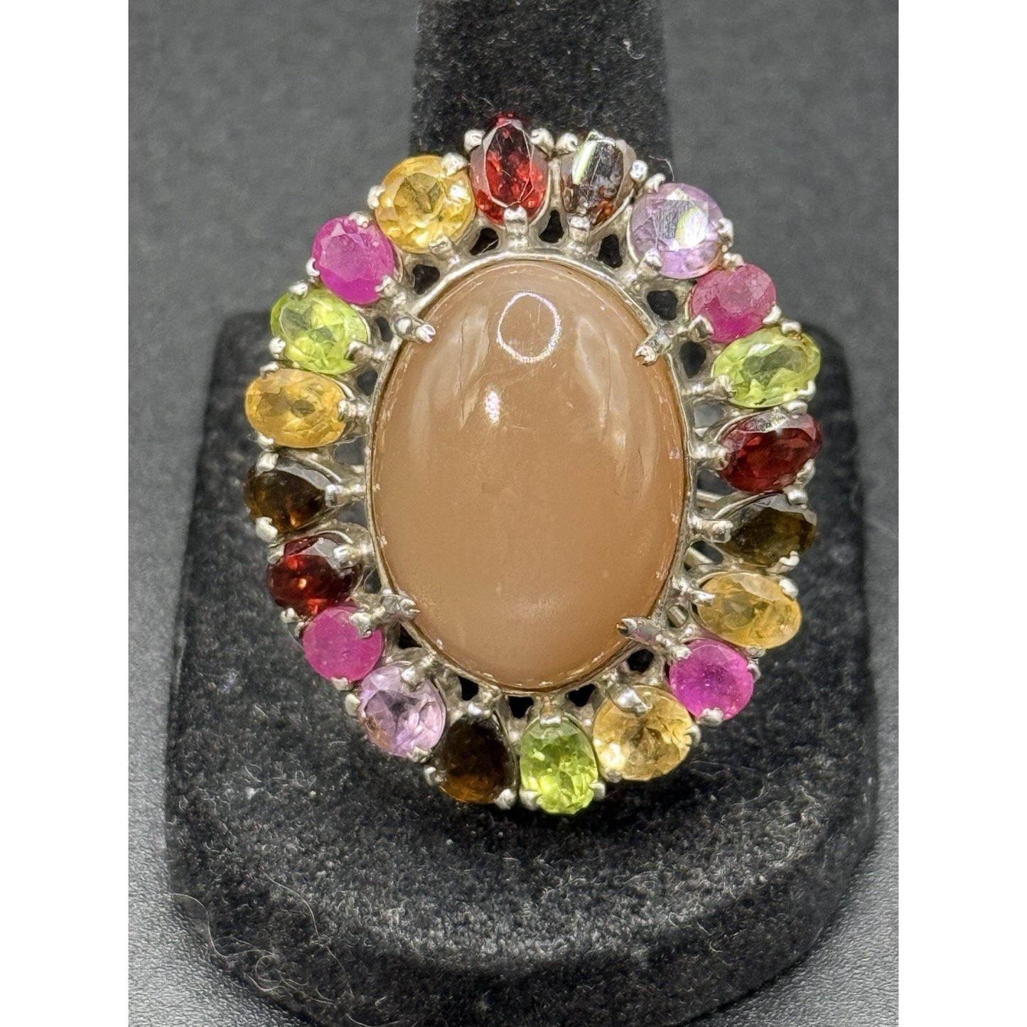 Vintage Large Multi Gemstone Sterling Silver Ring Size 7.50 P5