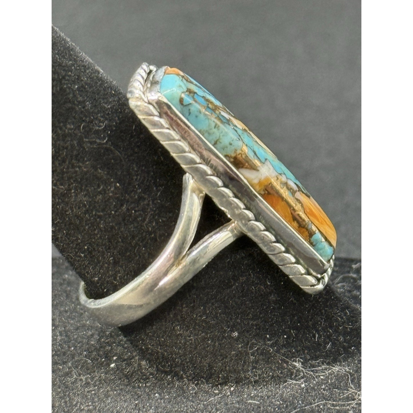 New Condition Sterling Silver Spiny Oyster Turquoise Oblong Ring Size 7.00