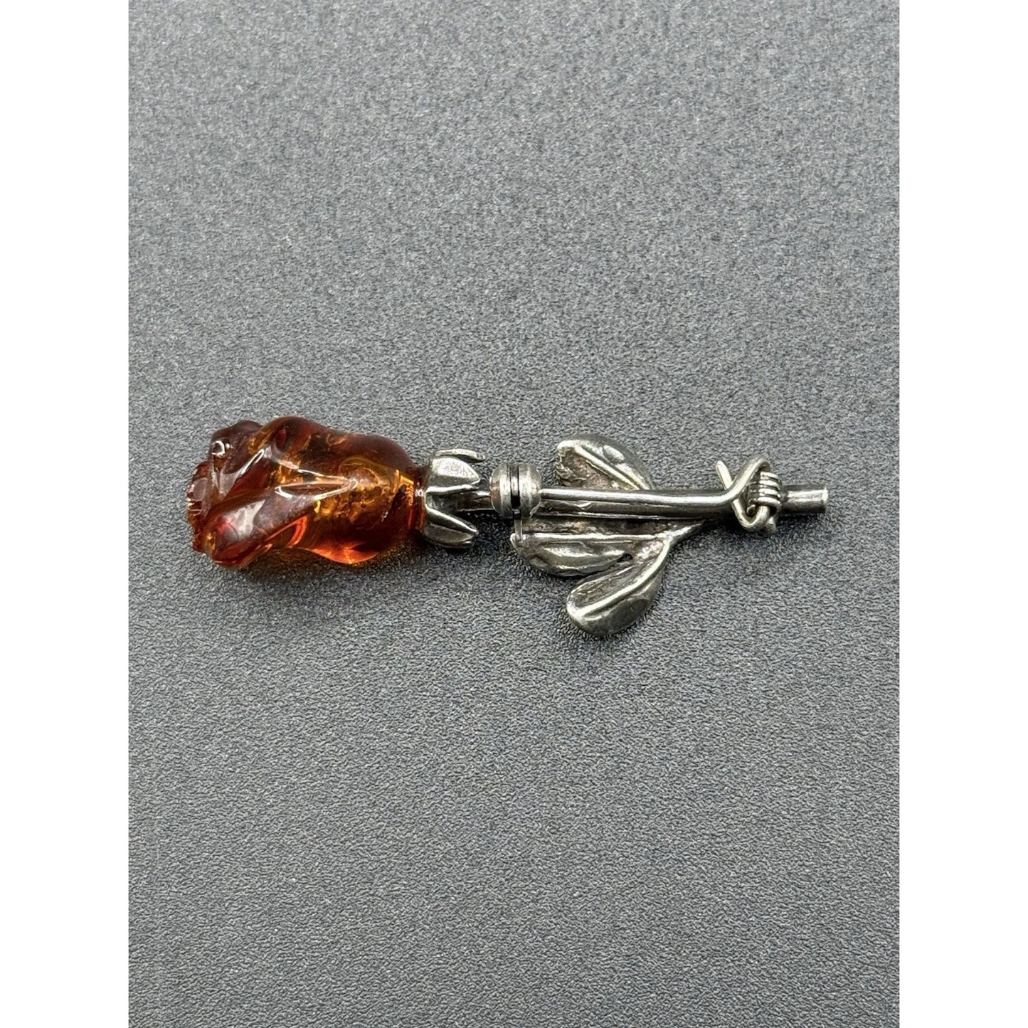 Vintage Sterling Silver Carved Amber Flower Brooch Pin P5