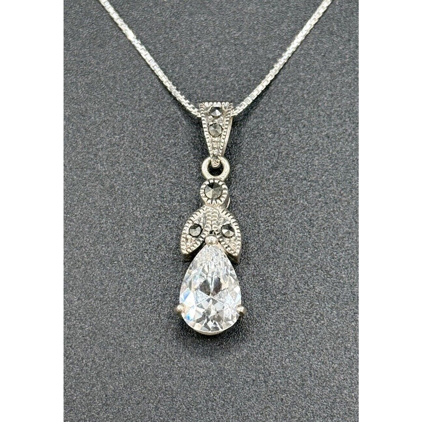 18” Vintage Sterling Silver Cubic Zirconia Marcasite Pendant Necklace 925 M8