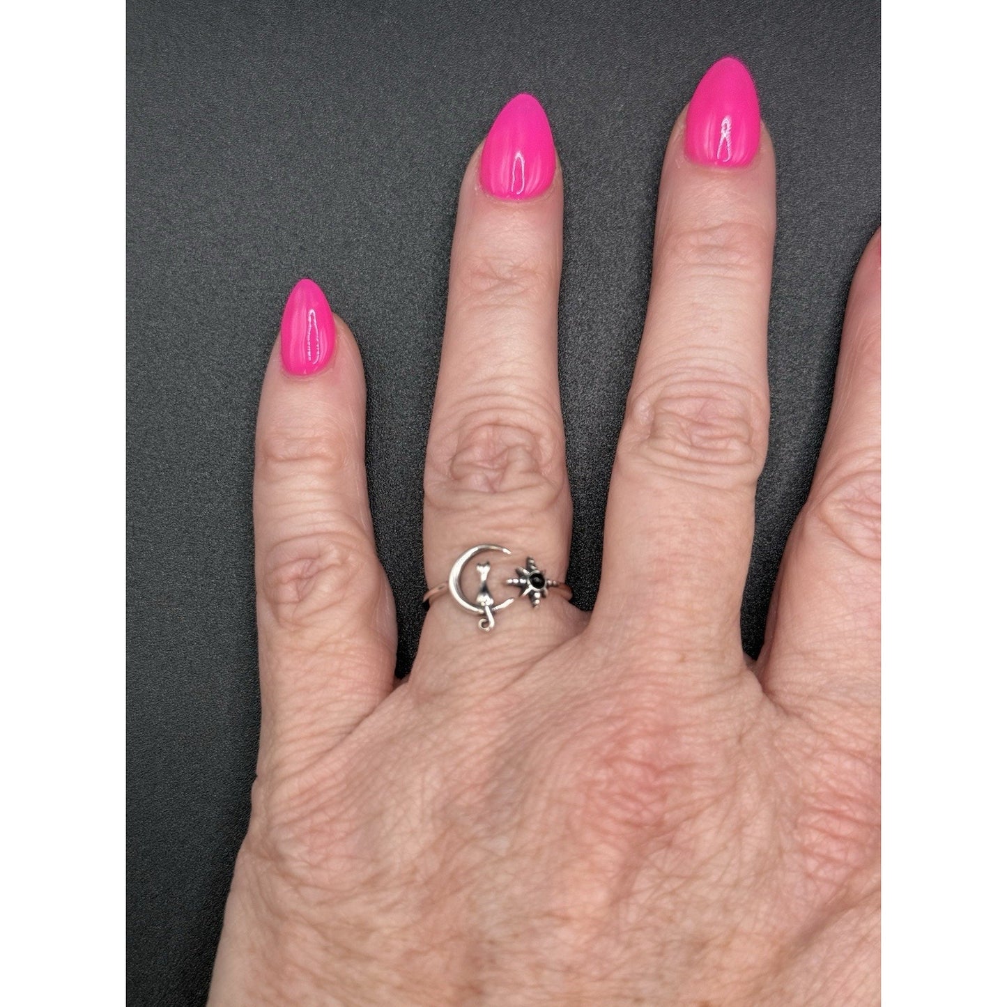 New Condition Sterling Silver Cat Moon Genuine Onyx Ring Size 7.00 Adjustable