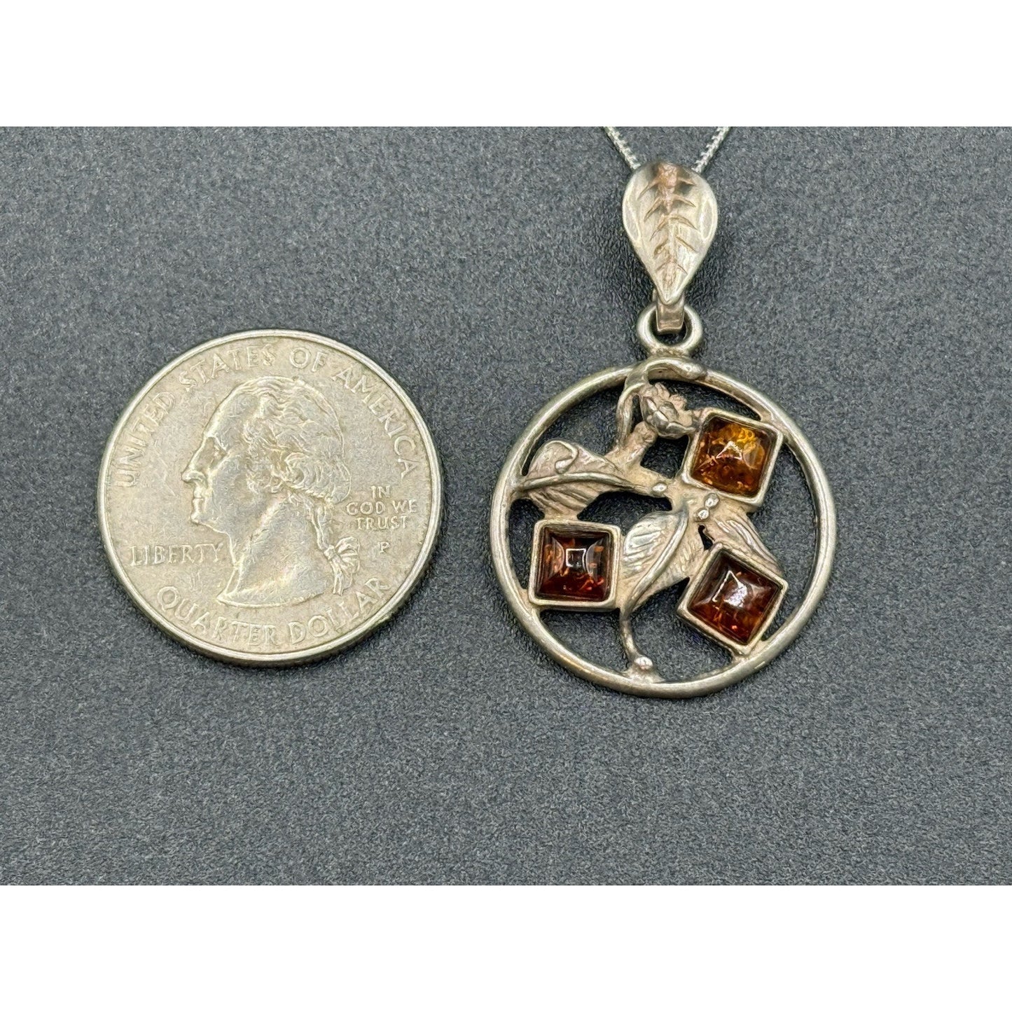 18” Sterling Silver Vintage Amber Leaf Pendant Necklace New Chain P12
