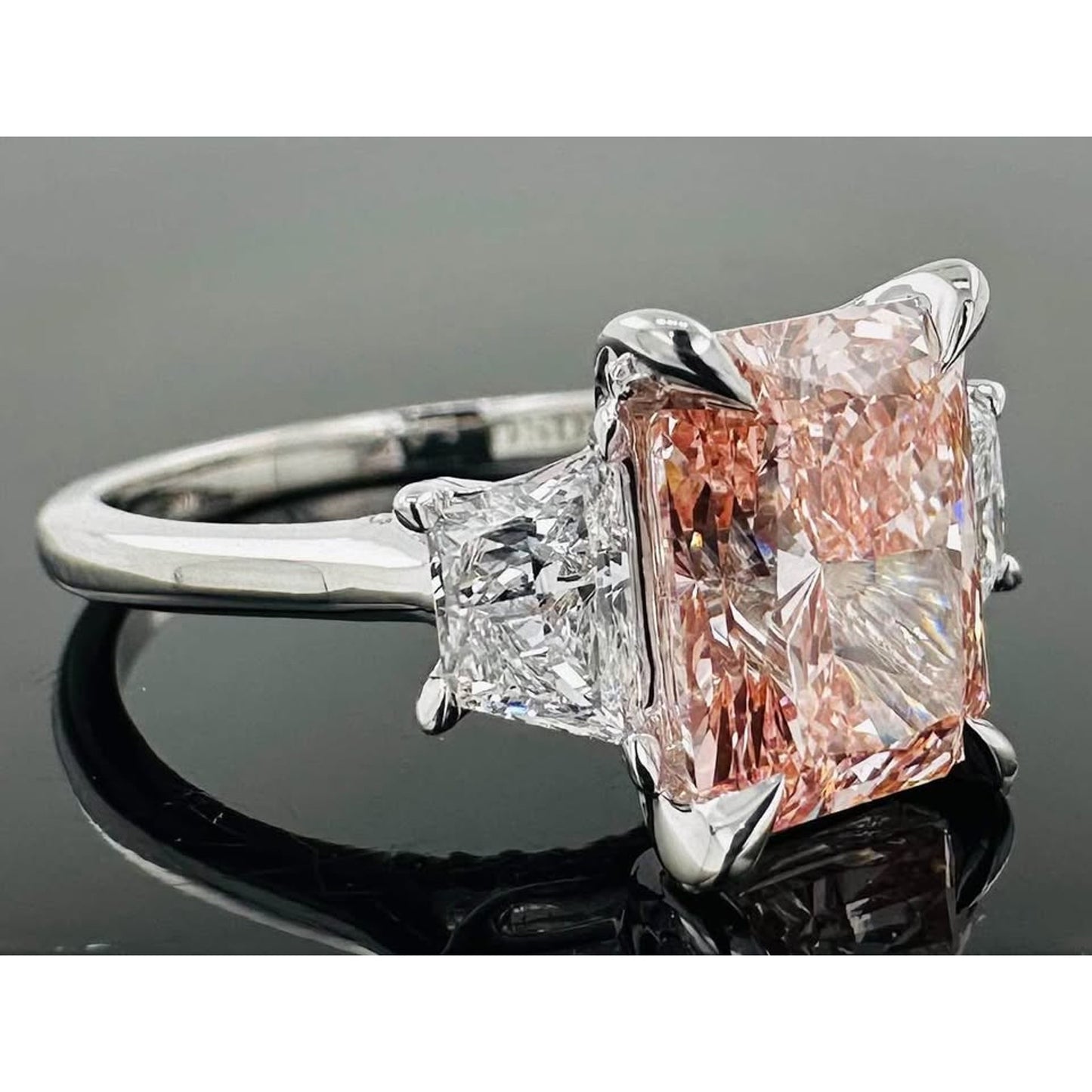 14k White Gold 3 Carat Lab Grown Diamond Fancy Pink Radiant Ring IGI