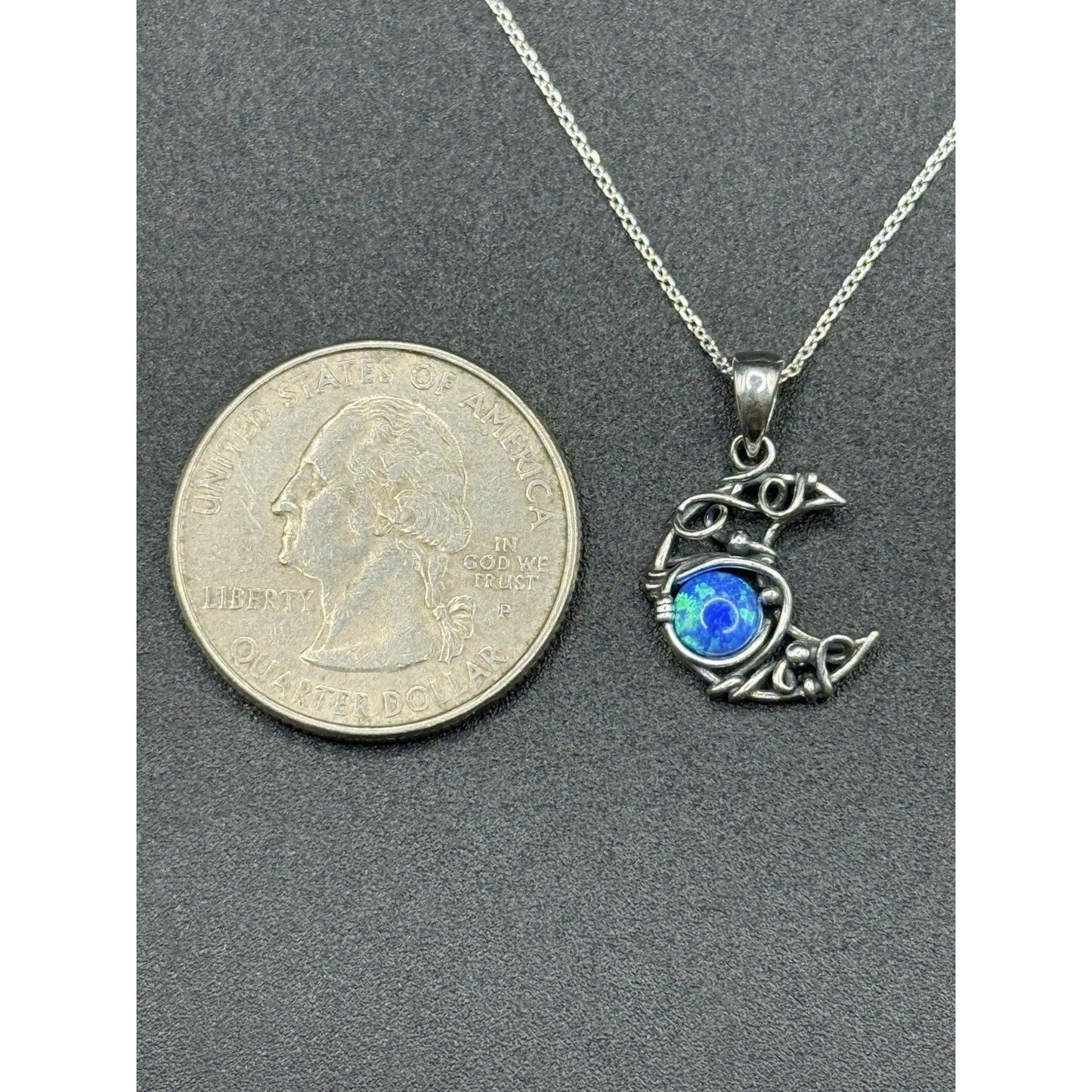 18” New Condition Sterling Silver Lab Blue Opal Artisan Crescent Moon Pendant