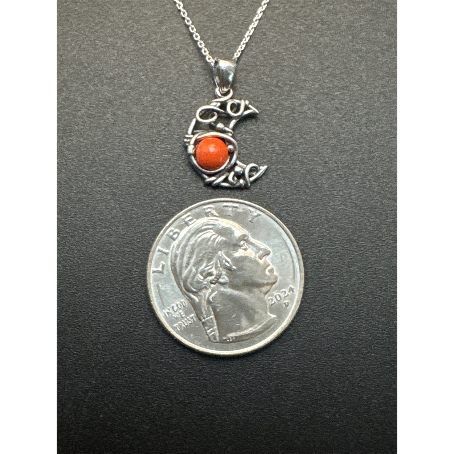 18” New Condition Sterling Silver Carnelian Crescent Moon Pendant Necklace
