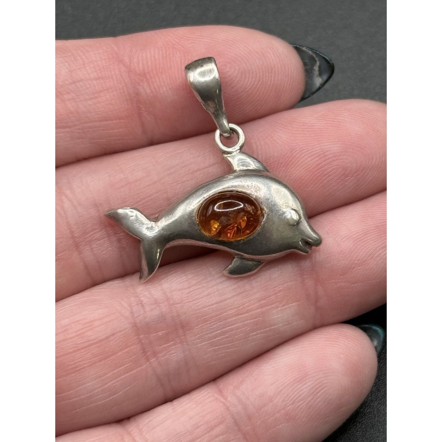 Vintage Sterling Silver Amber Dolphin Pendant 925