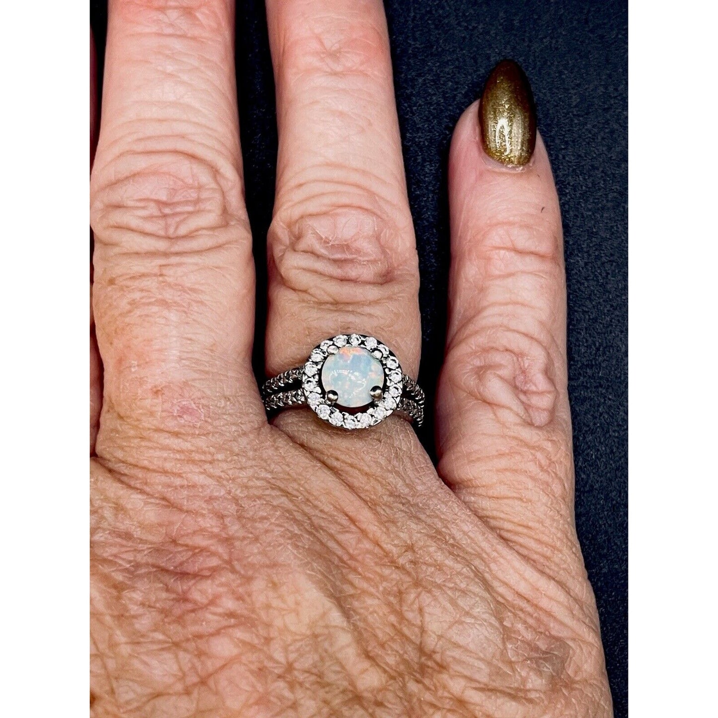 Sterling Silver Lab White Opal White Sapphire Ring Size 6.25 K25