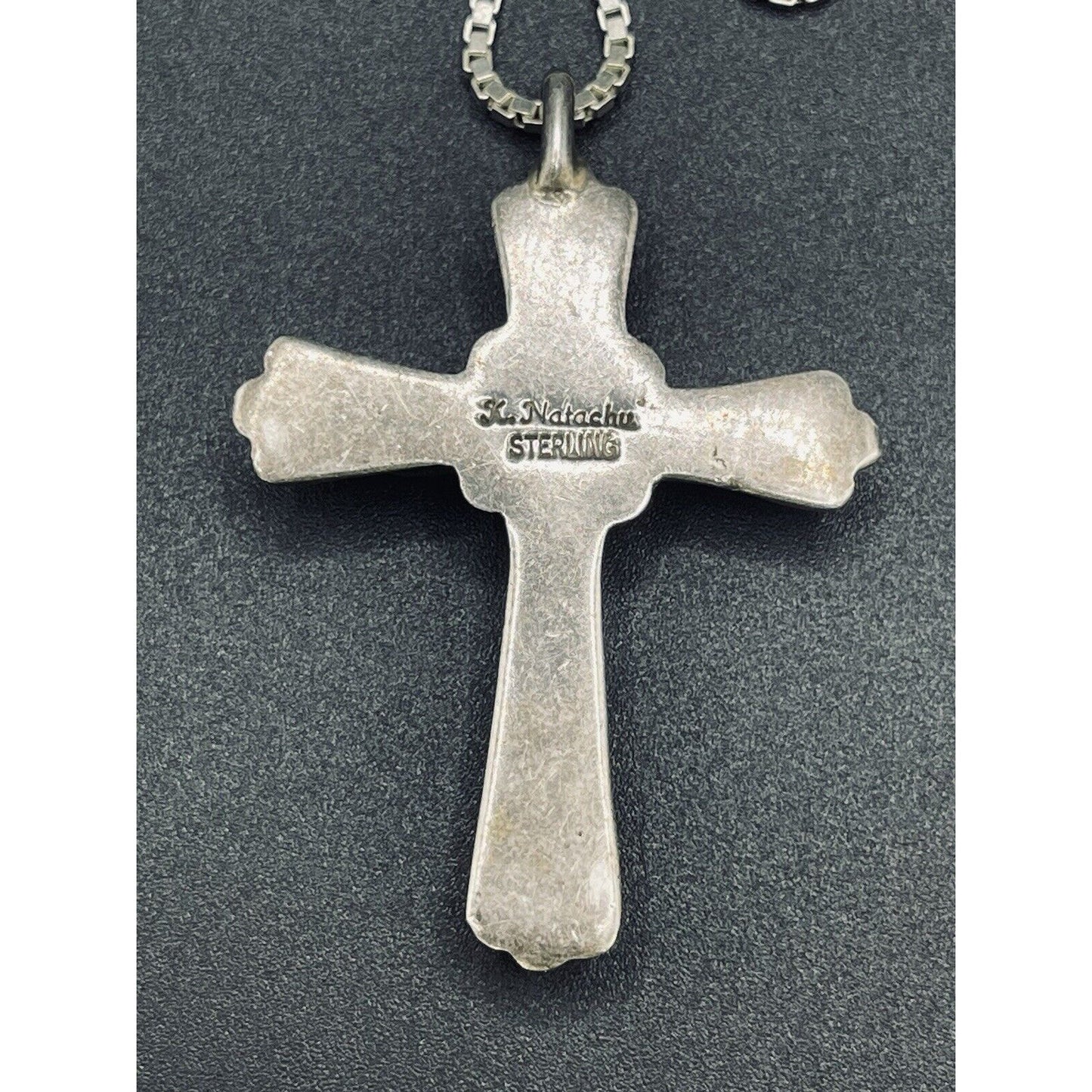 30” K. Natachu Native America Sterling Silver Coral Cross Pendant Necklace L9