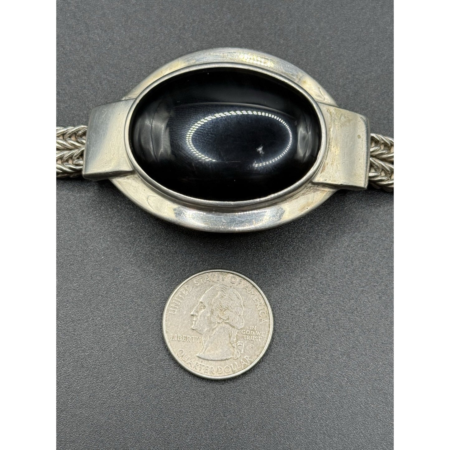 Gents Sterling Silver Onyx Bracelet 92 Grams Abraded Stone N19