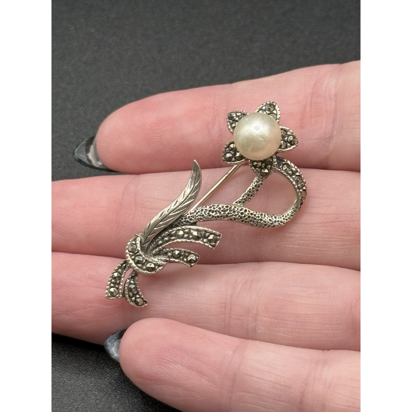 Vintage Sterling Silver Marcasite Pearl Brooch Pin 925 P6
