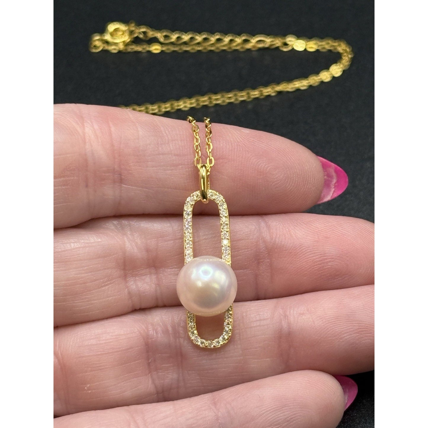 18” New Condition Gold S.S. Genuine Pearl Moissanite Modernist Pendant GRA