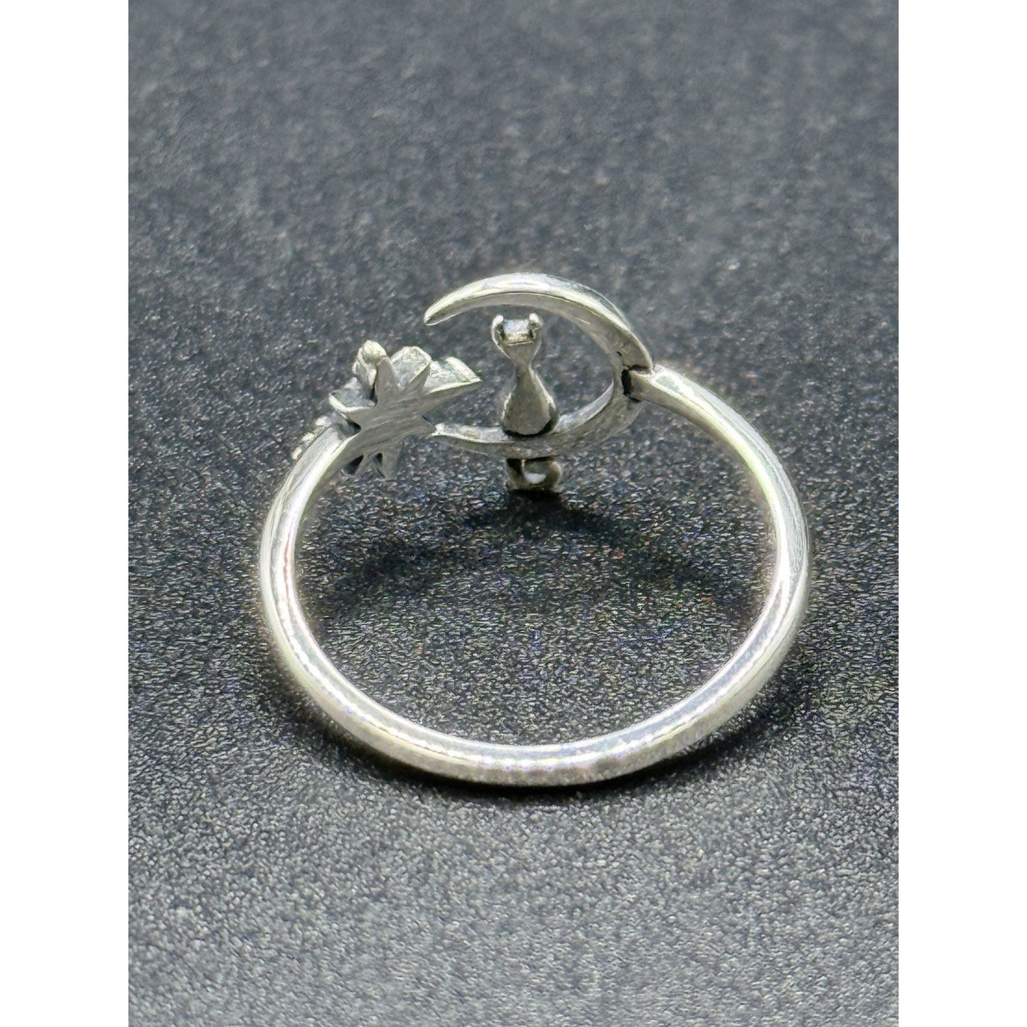 New Condition Sterling Silver Cat On Moon Star Lab Blue Opal Ring Size 7 Adjust