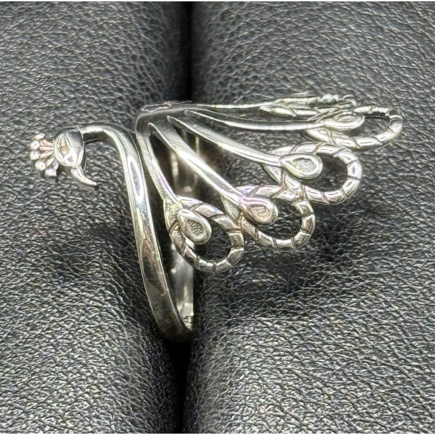 New Condition Sterling Silver Peacock Ring Size 7.00 Adjustable 925