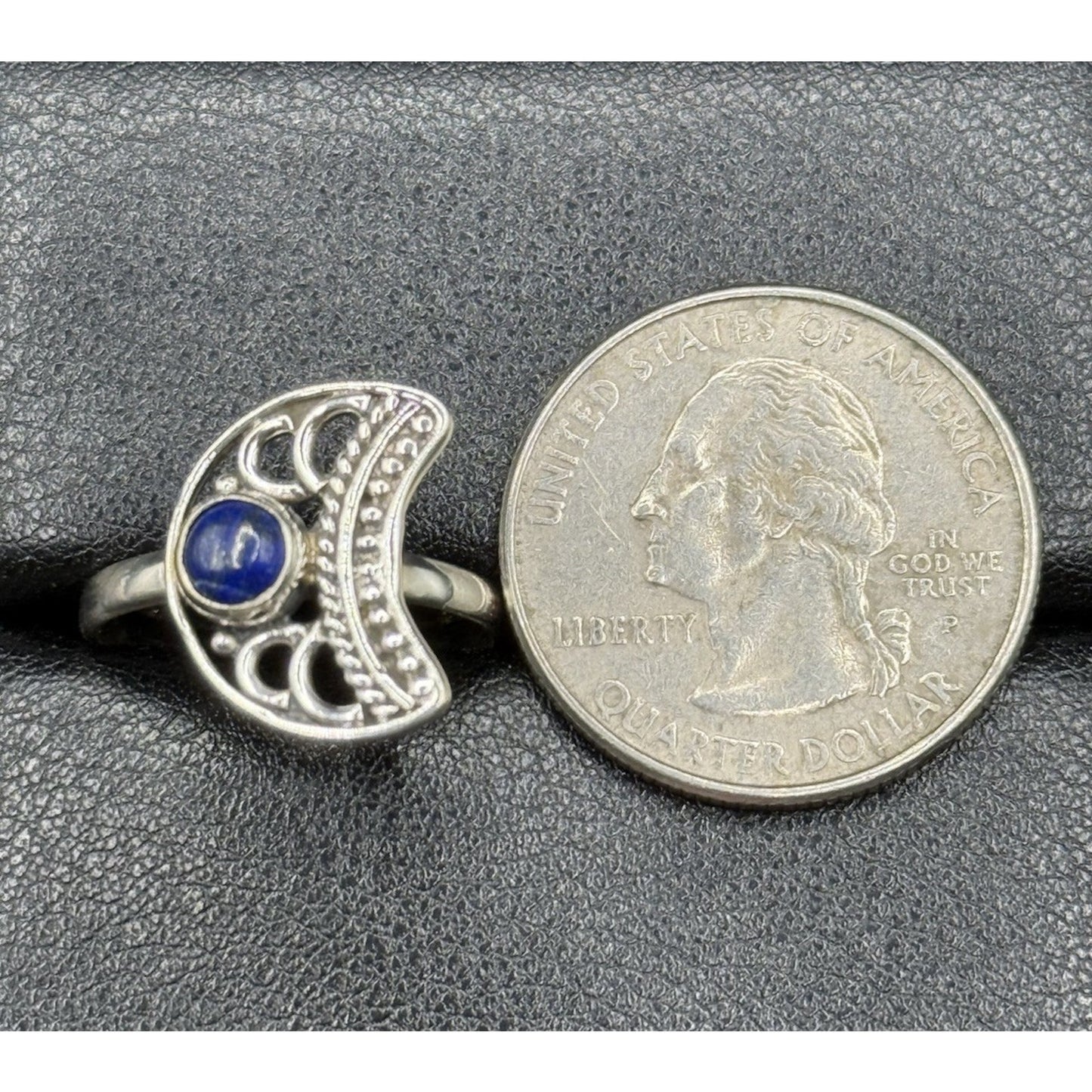 New Condition Sterling Silver Genuine Lapis Moon Ring Size 7.00