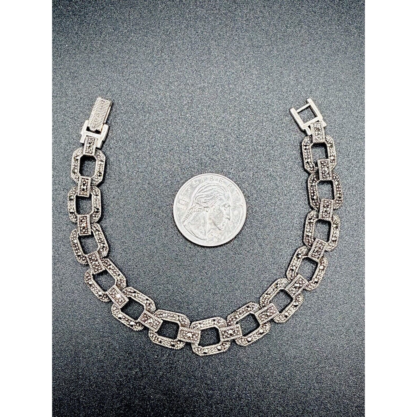 Vintage Sterling Silver Marcasite Link Bracelet 7.75” 23 Grams M8