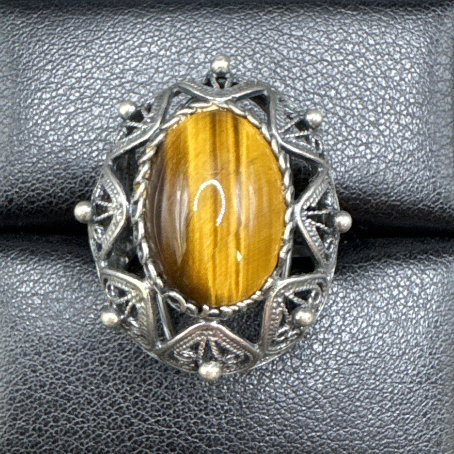 Sterling Silver Tigers Eye Openwork Filigree Dome Ring 925 Size Adjustable Q23