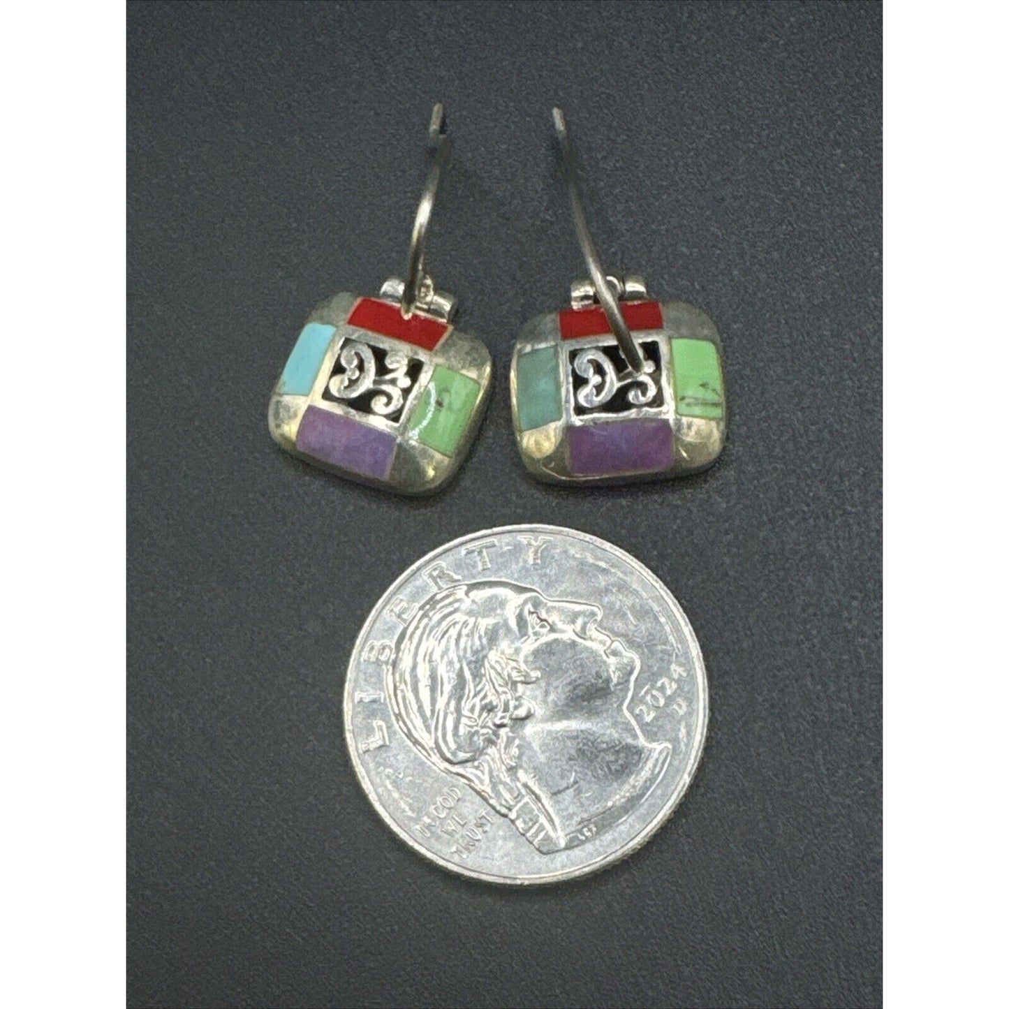 Vintage Sterling Silver Multi Gemstone Dangle Earrings 925 H6