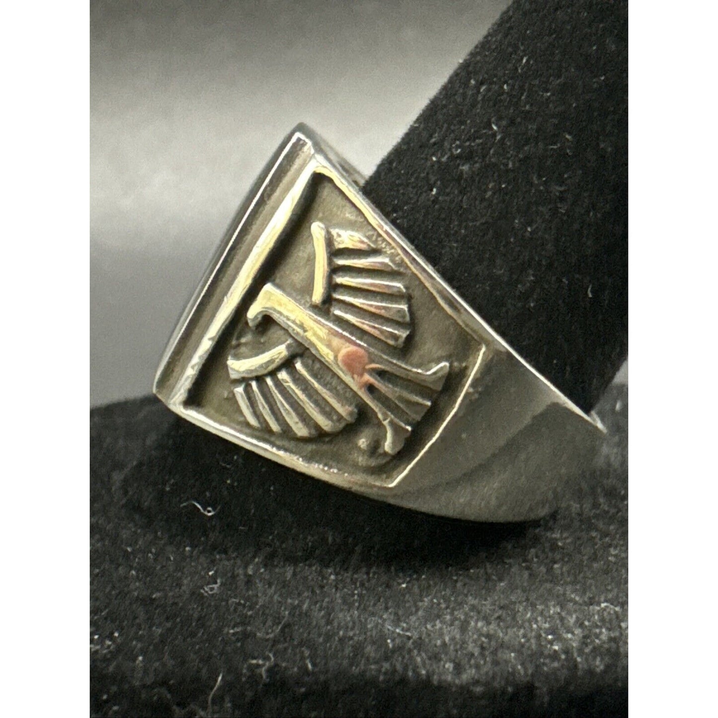 New Condition Sterling Silver Onyx Aztec Eagle Design Signet Ring 925 Size 10
