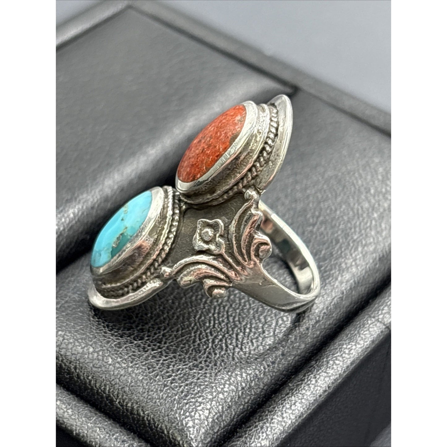 New Condition Turquoise Coral Long Ring 925 Size 5