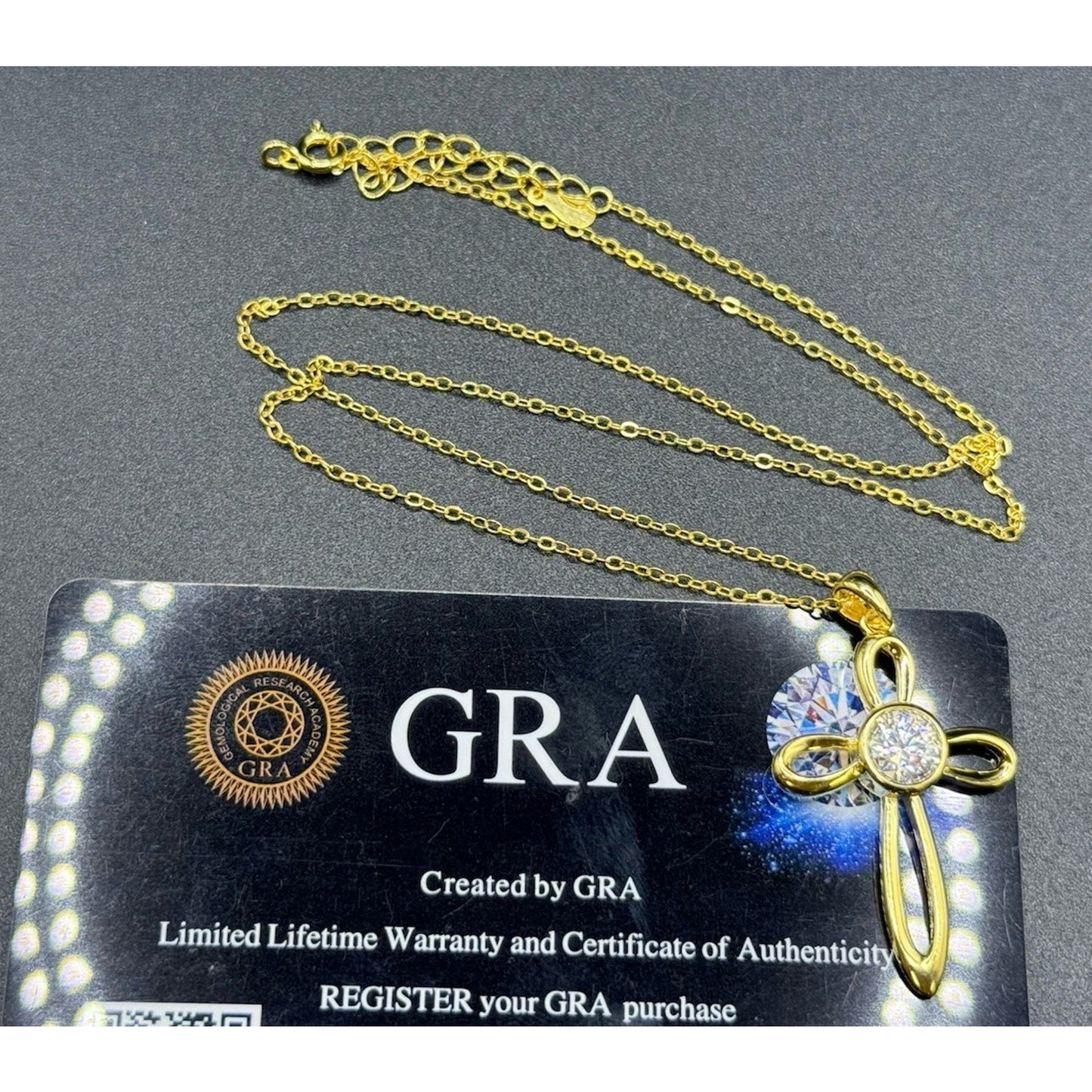 New Condition 18” Gold Sterling Silver Moissanite Cross Pendant Necklace GRA