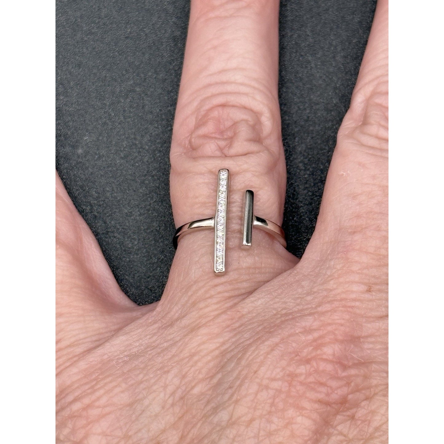 New Condition Sterling Silver Cubic Zirconia “T” Ring Size 7.00 Adjustable
