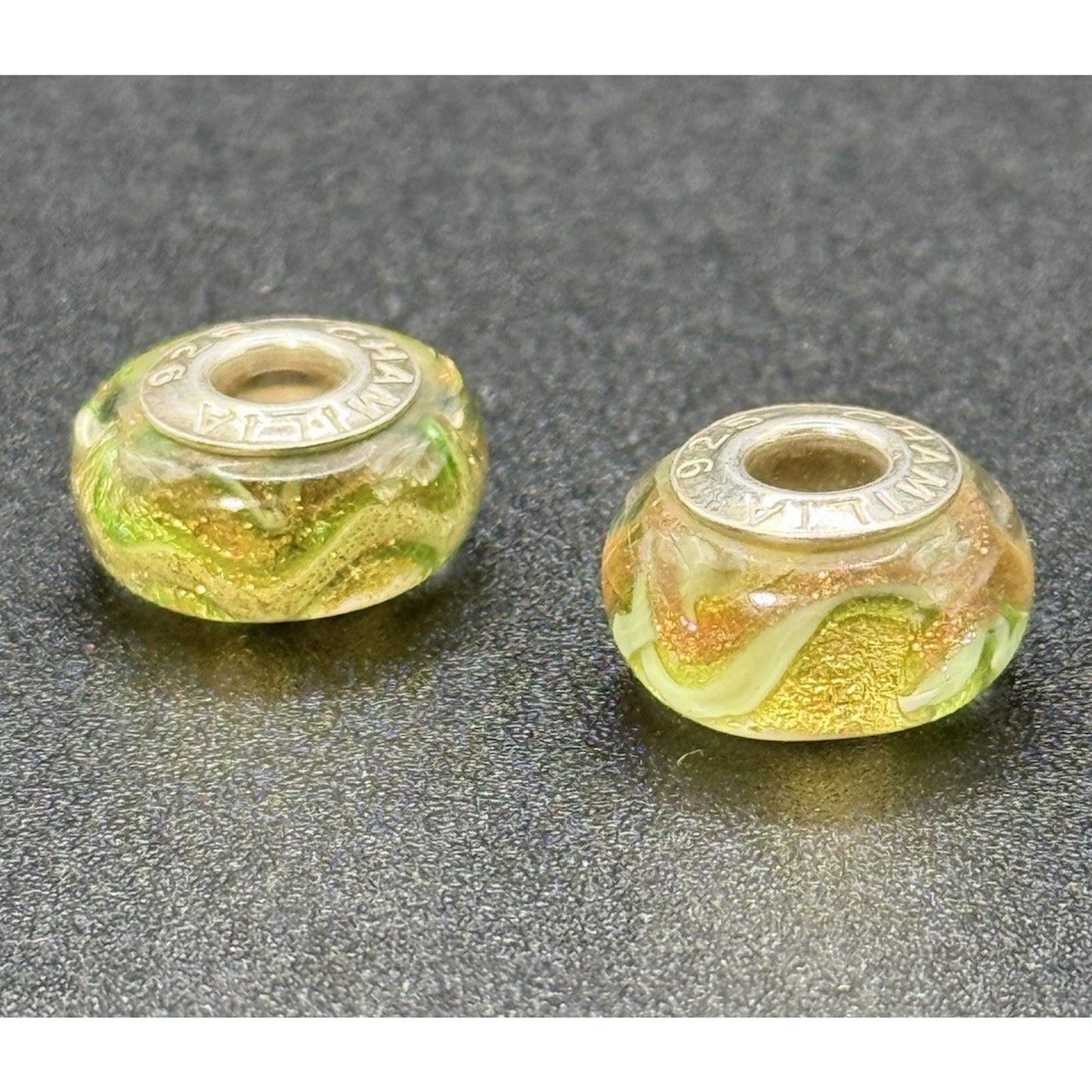 (2) Chamilia Sterling Silver Shimmering Swirl Murano Glass Charm P19