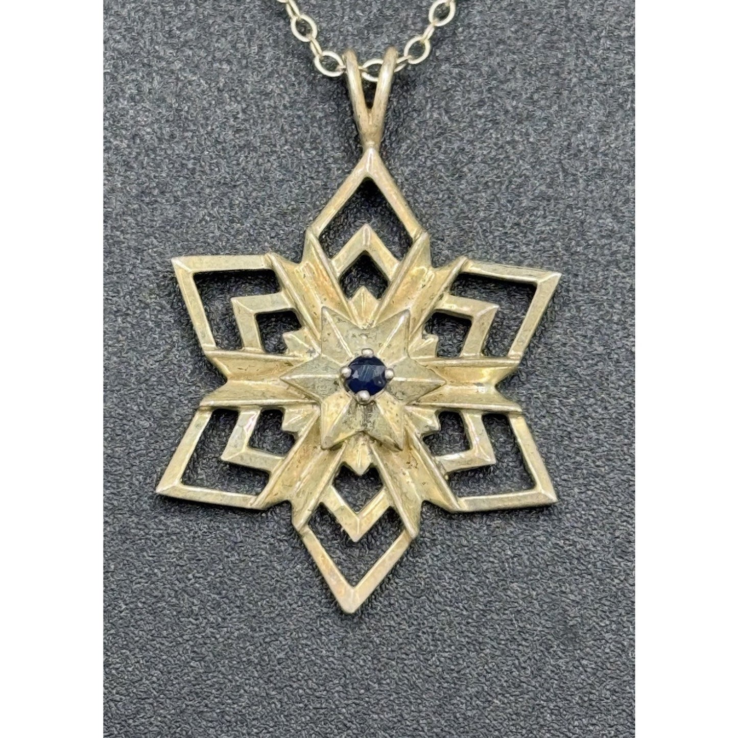1984 Sterling Silver Franklin Mint Sapphire Snowflake Pendant Necklace P3