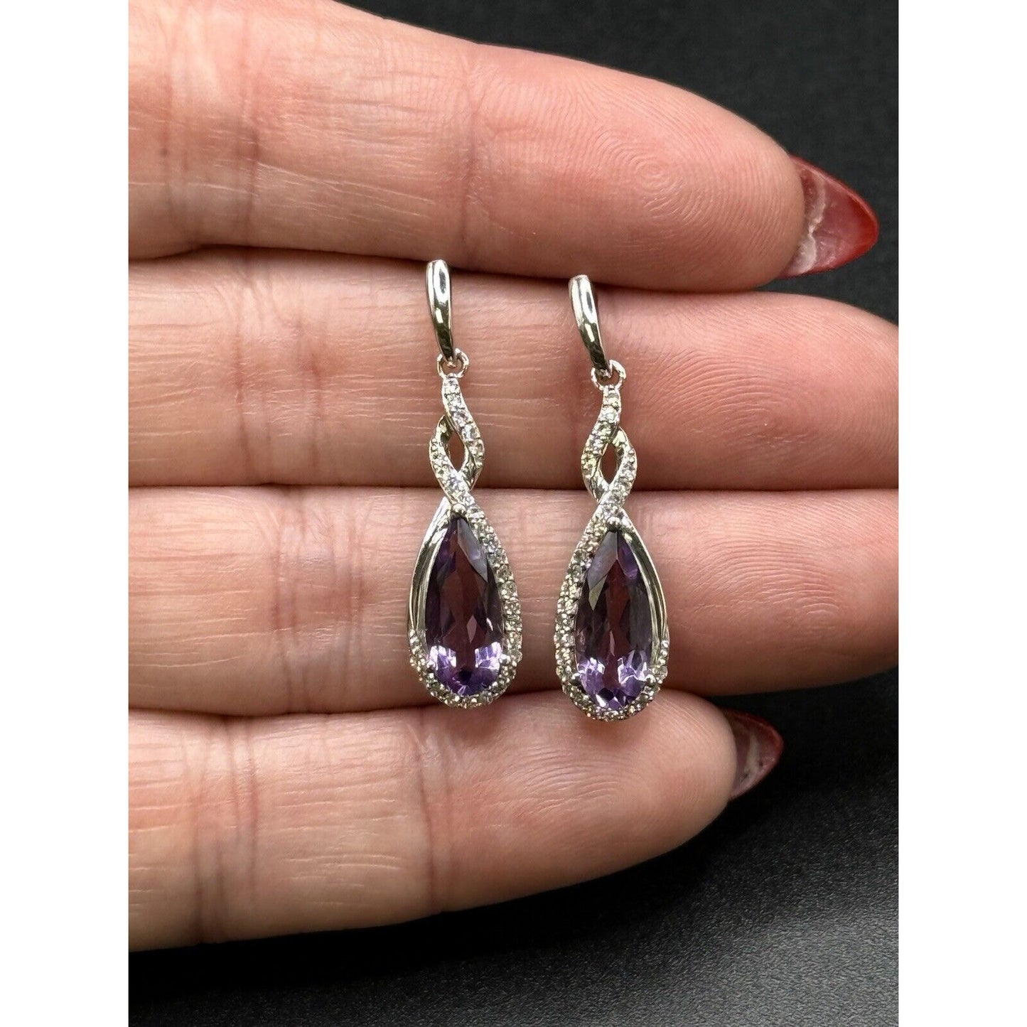 New Condition Sterling Silver Amethyst White Sapphire Dangle Earrings
