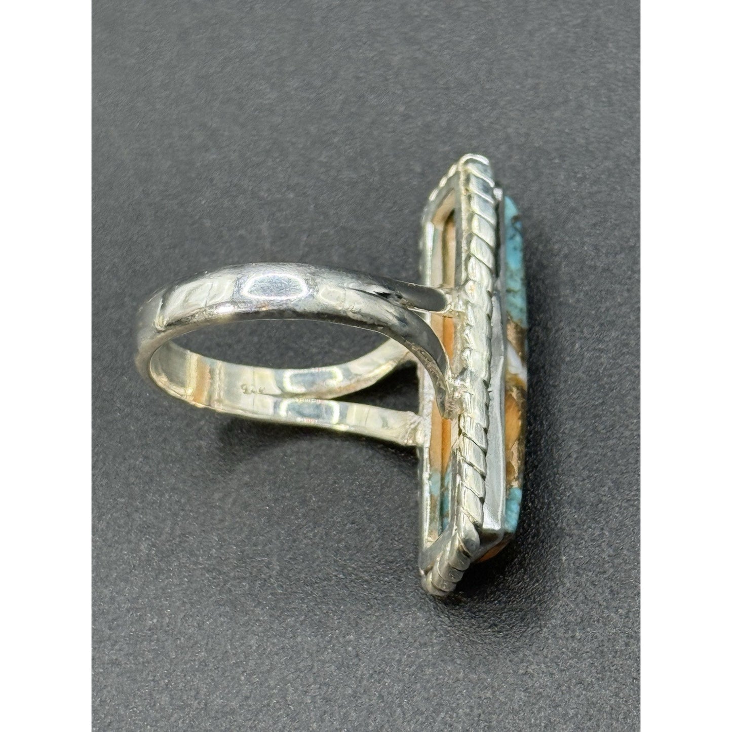 New Condition Sterling Silver Spiny Oyster Turquoise Oblong Ring Size 7.00