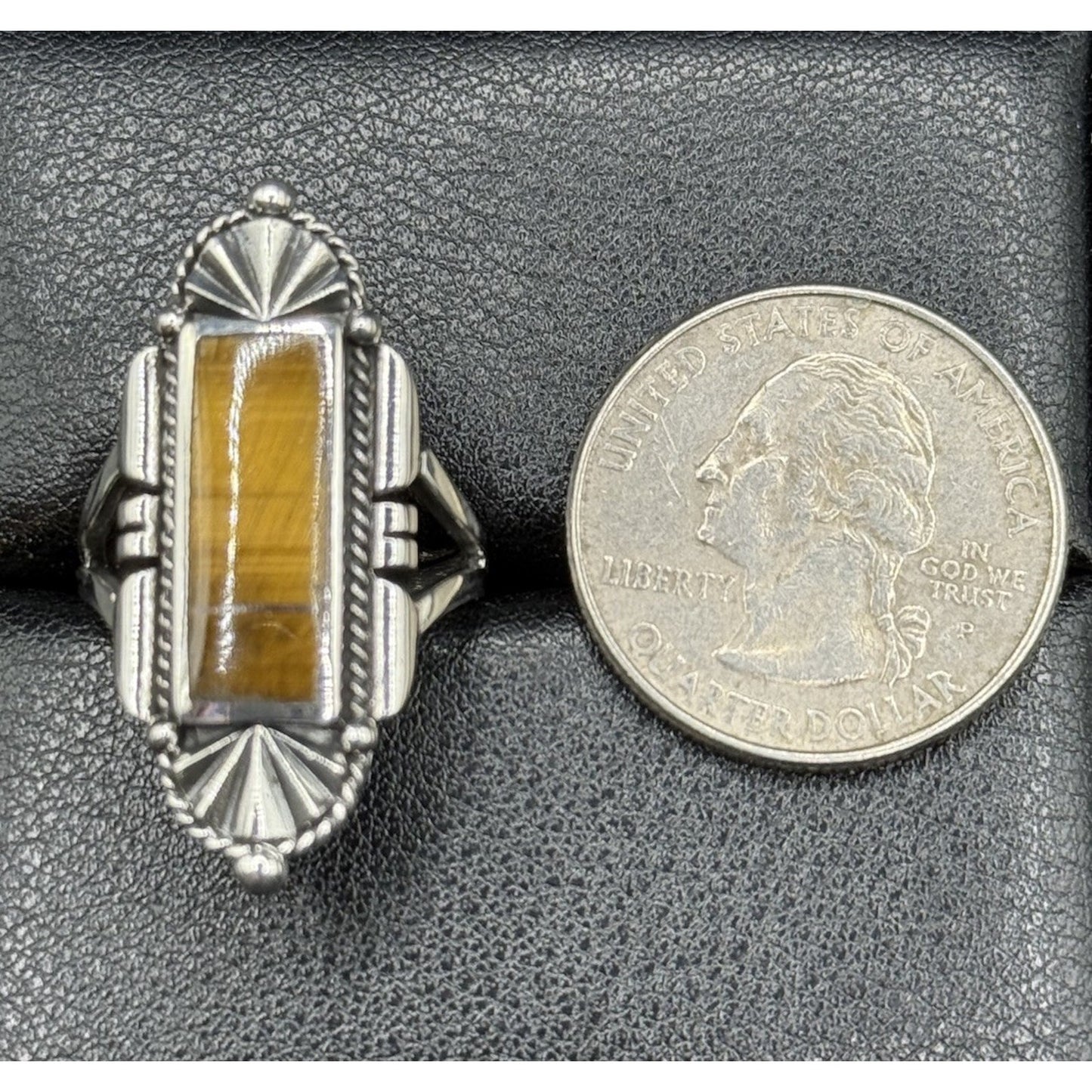 New Condition Sterling Silver Art Deco Tigers Eye Ring Size 6.75