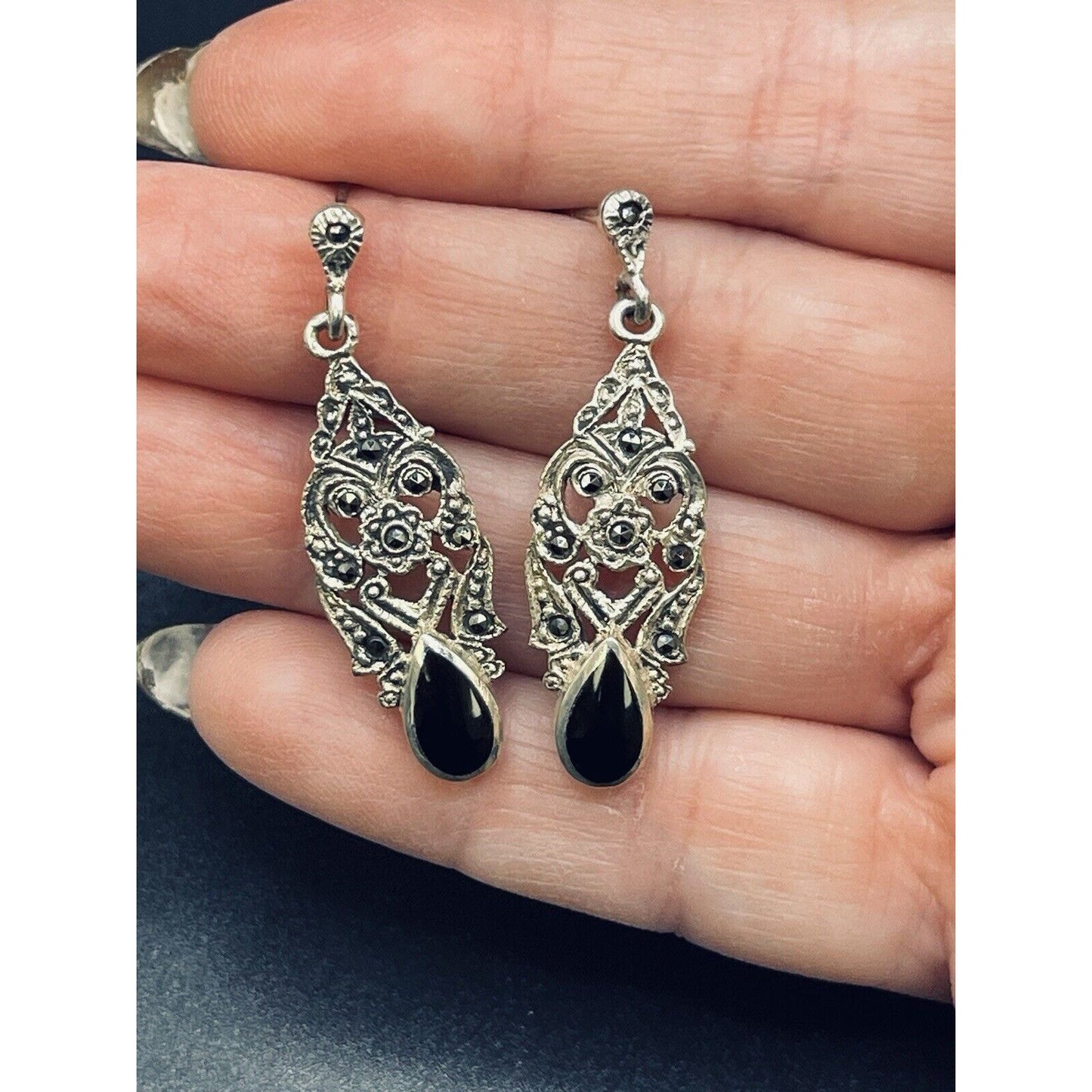 Vintage Sterling Silver Marcasite Black Enamel 925 Scroll Dangle Earrings L16