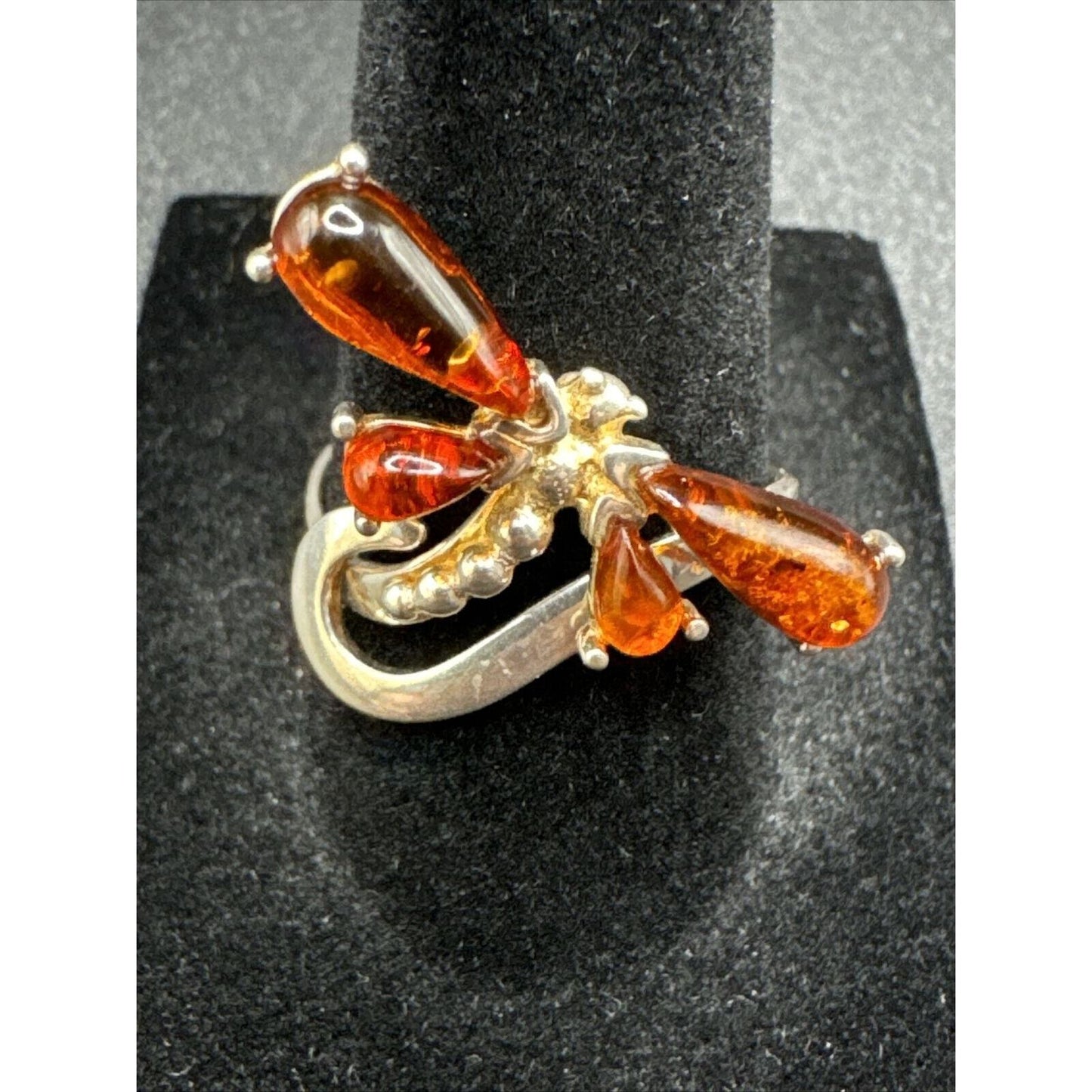 Modern Sterling Silver 925 Amber Dragonfly Ring Size 7.5 F18