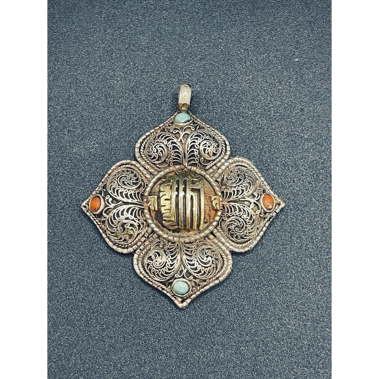 Vintage Sterling Silver Two Tone Bali Style Pendant Multi Gemstone 13 Grams L9
