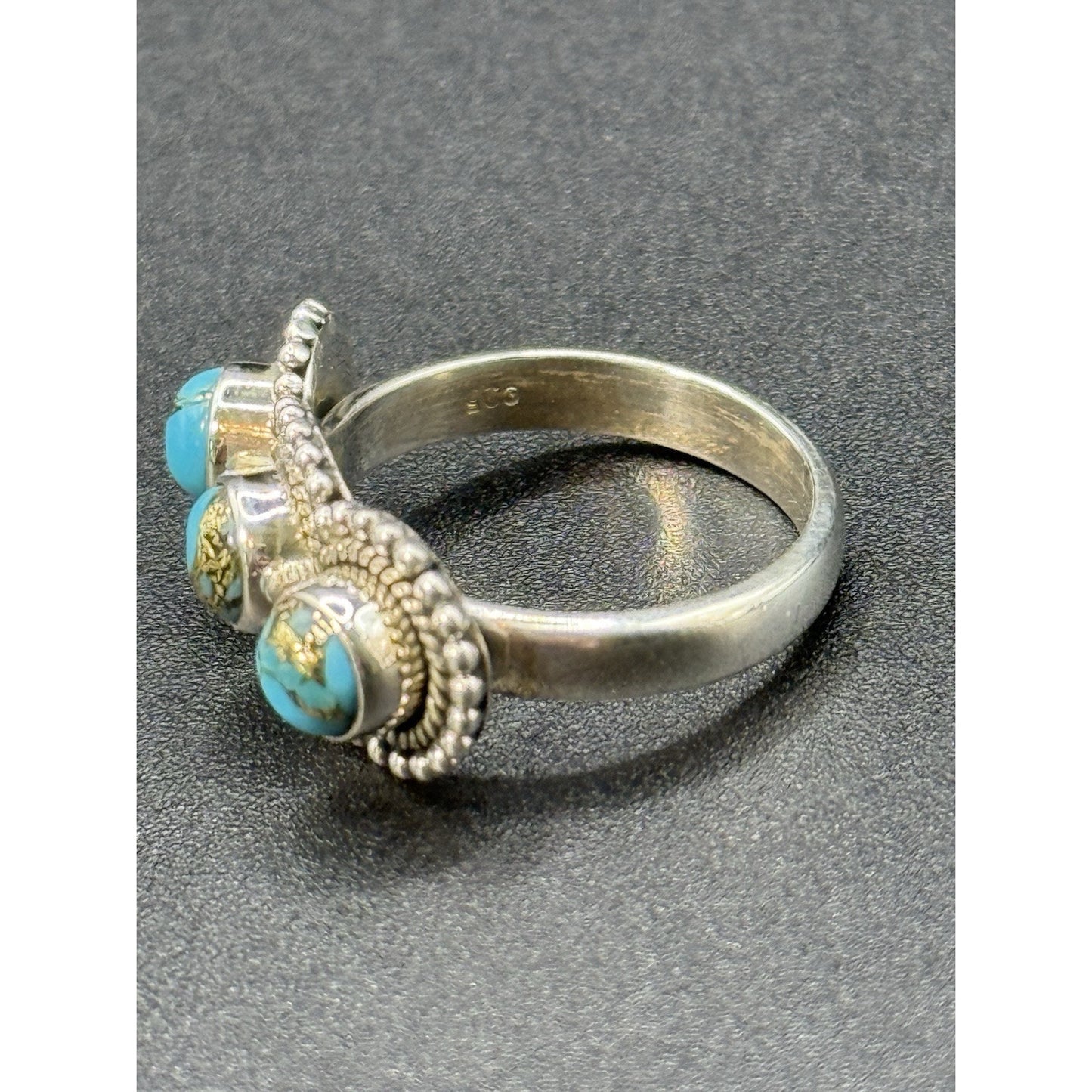 New Condition Sterling Silver Copper Turquoise 3 Stone Ring Size 7.00