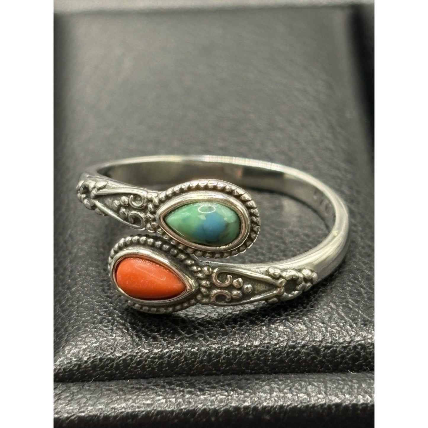 New Condition Sterling Silver Turquoise Coral Bypass Ring Size 7