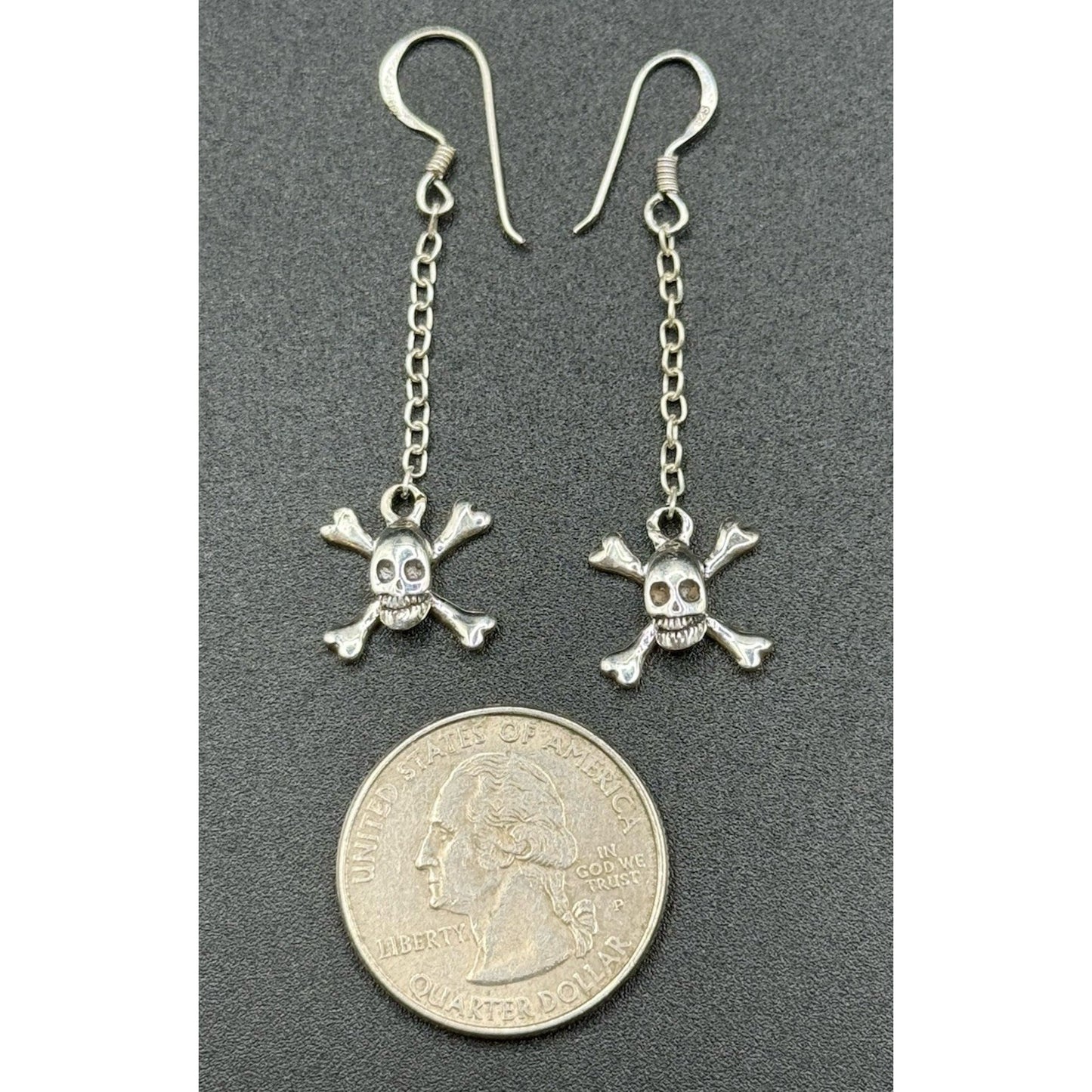 New Condition Sterling Silver Dangle Skull Jolly Roger Earrings 925