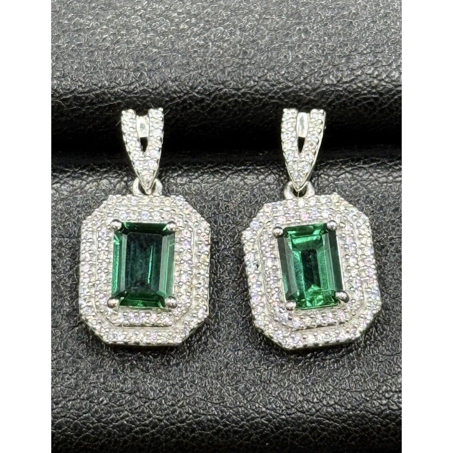 New Condition Sterling Silver Lab Created Emerald White Sapphire Earrings