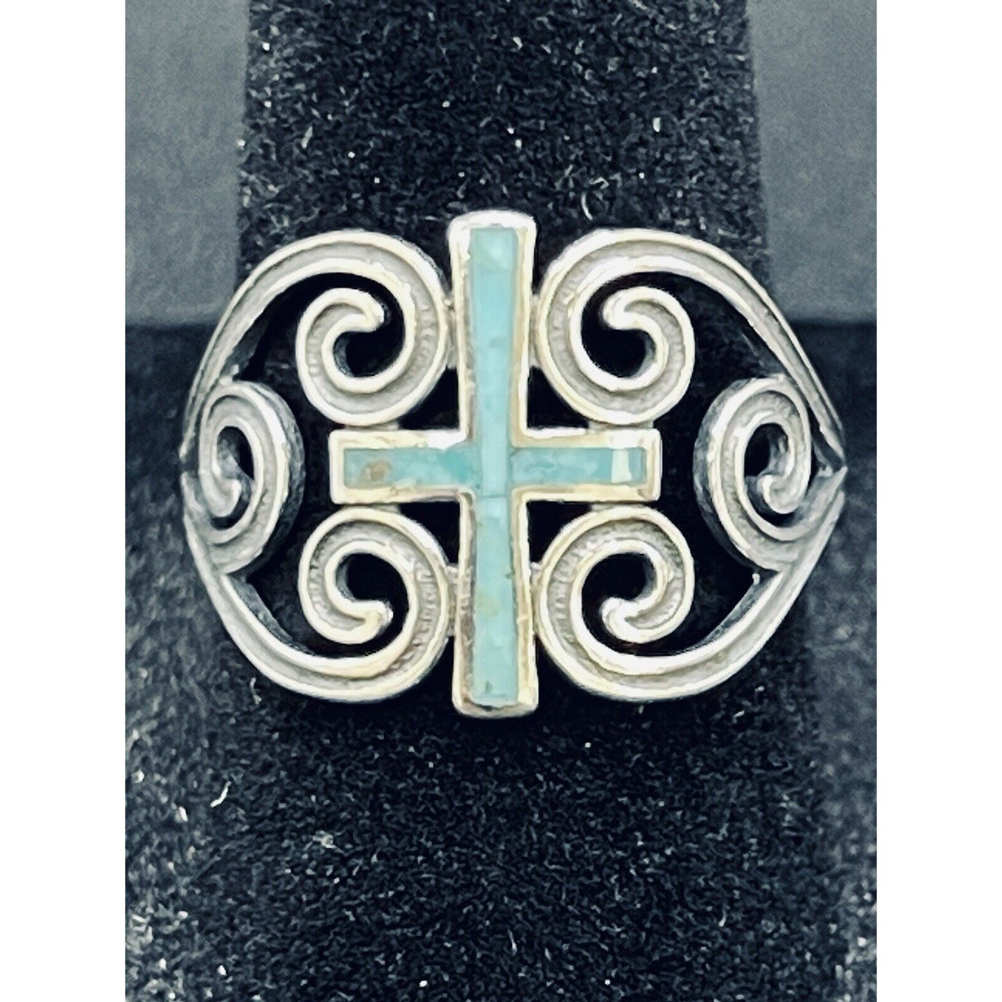 New Condition Sterling Silver Turquoise Cross 14MM Ring Size 6.75