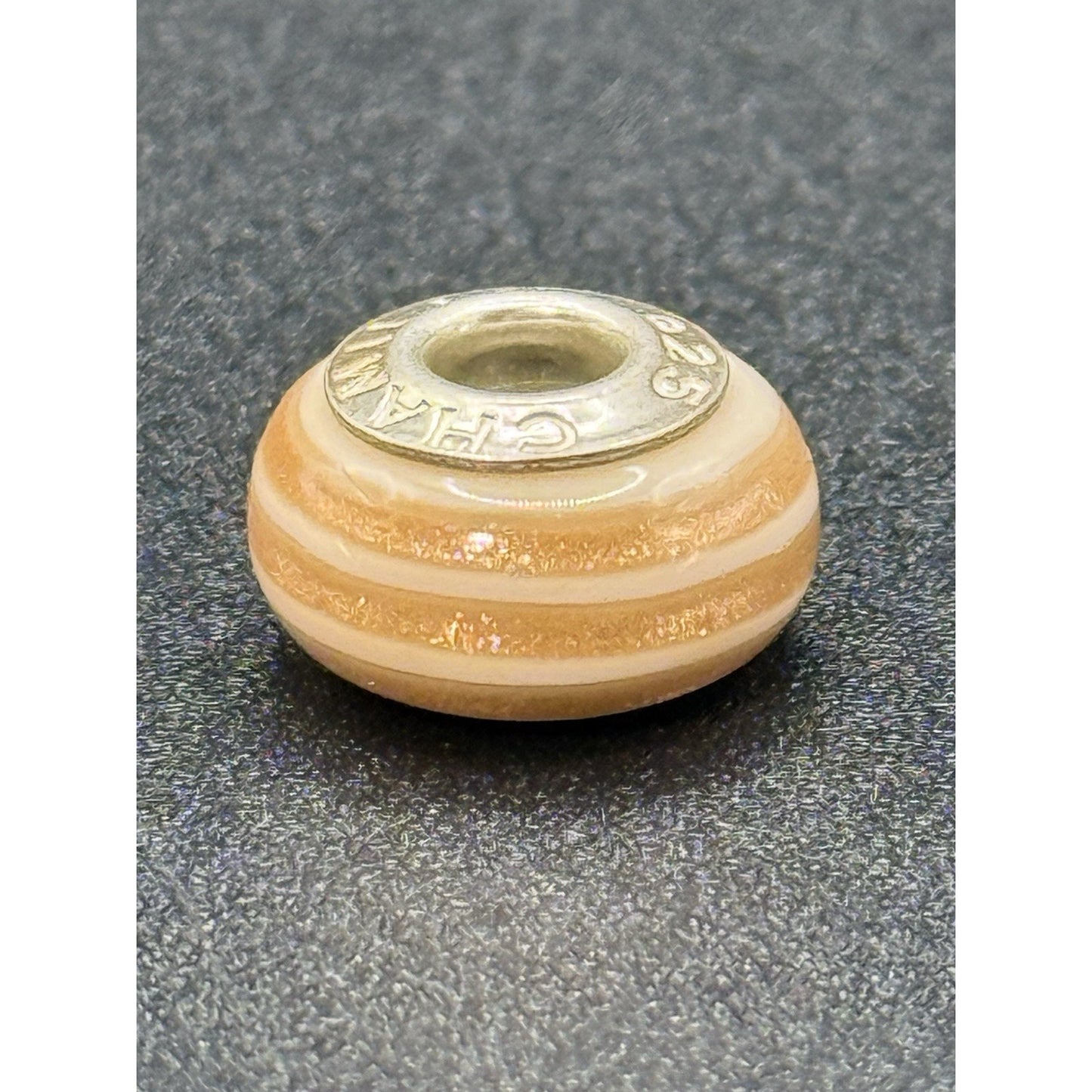 Camilia Sterling Silver Peach & White Shimmer Stripe Murano Charm P19