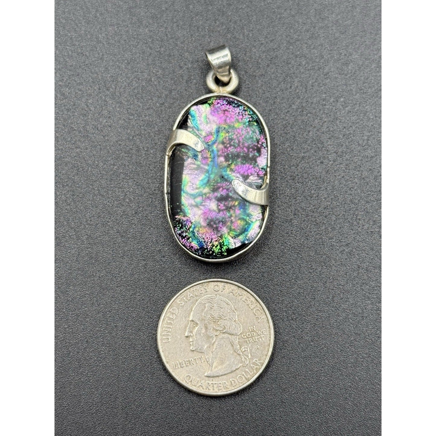 Large Vintage Sterling Silver Dichroic Glass Pendant 925 P19