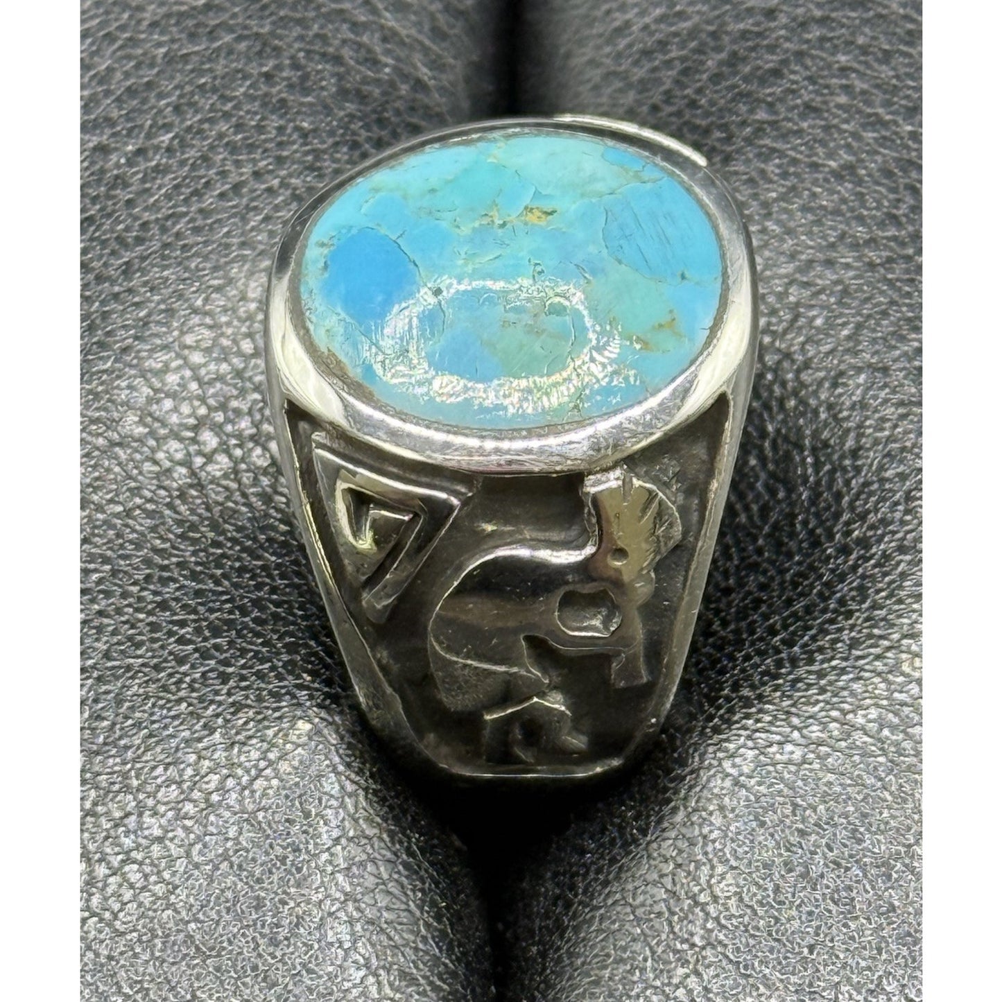 New Condition Sterling Silver Kokopelli Genuine Turquoise Gents Ring Size 10.00