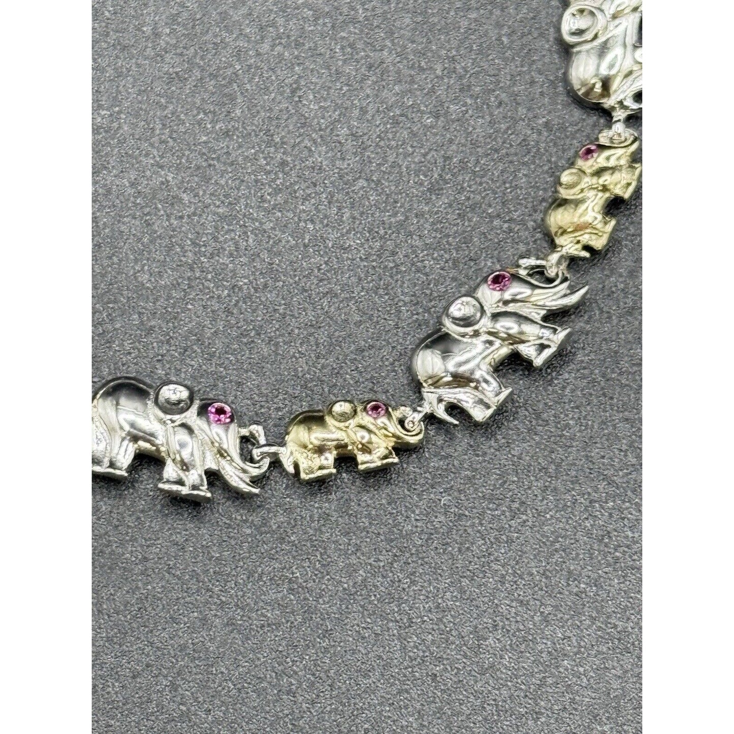 7” New Condition Two Tone Sterling Silver Elephant Bracelet Lab Ruby
