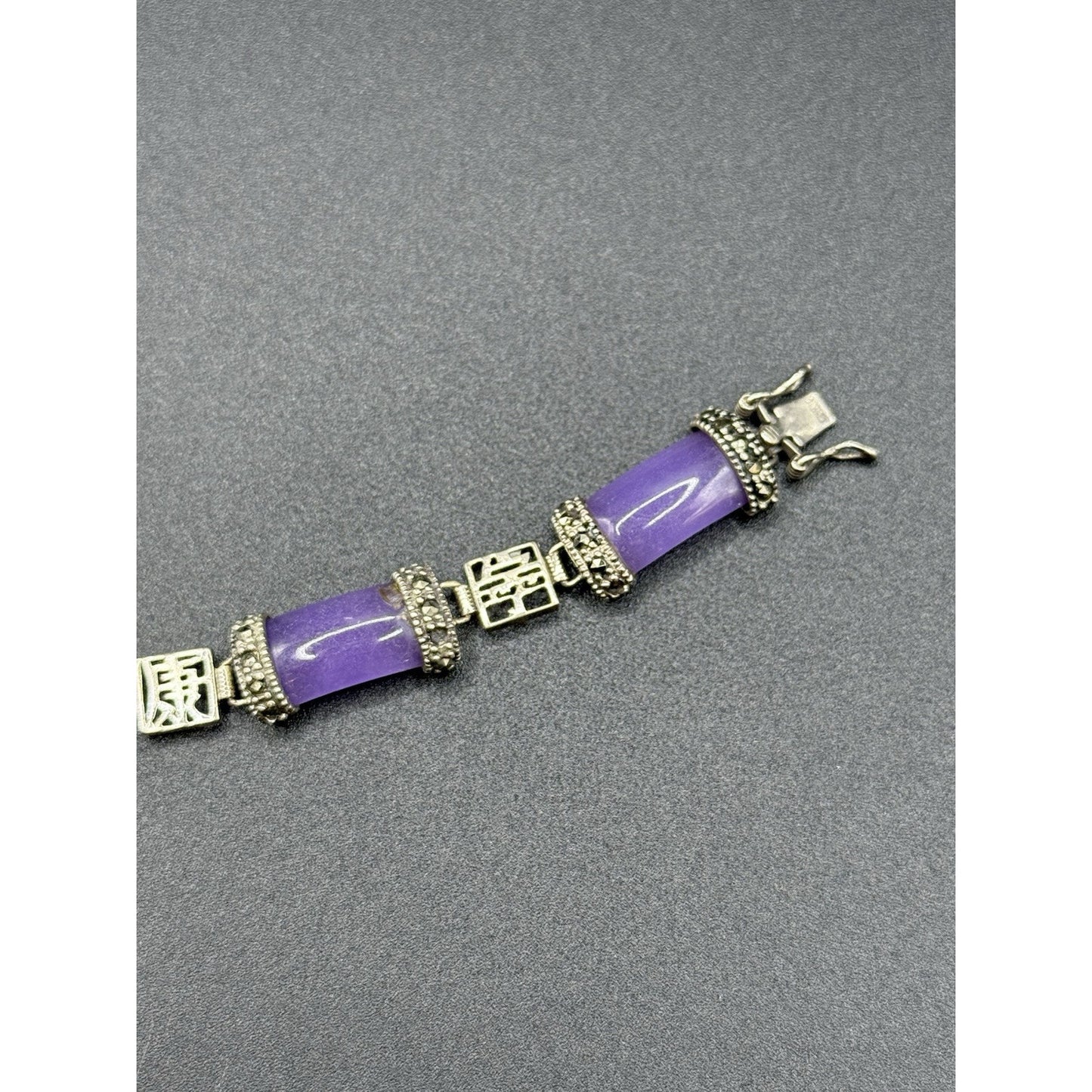 8” Vintage Sterling Silver Purple Chalcedony Bracelet Marcasite 924 P5