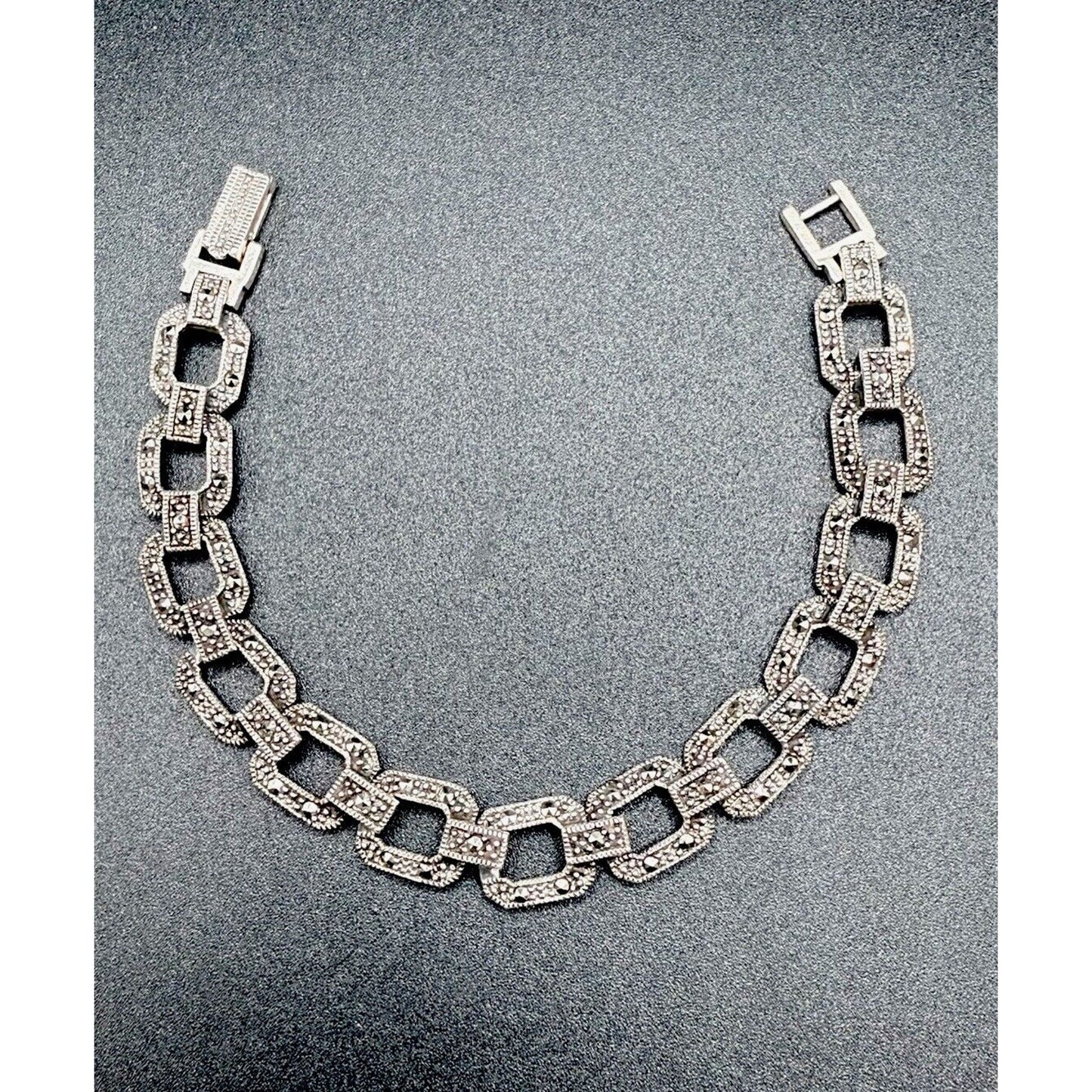 Vintage Sterling Silver Marcasite Link Bracelet 7.75” 23 Grams M8